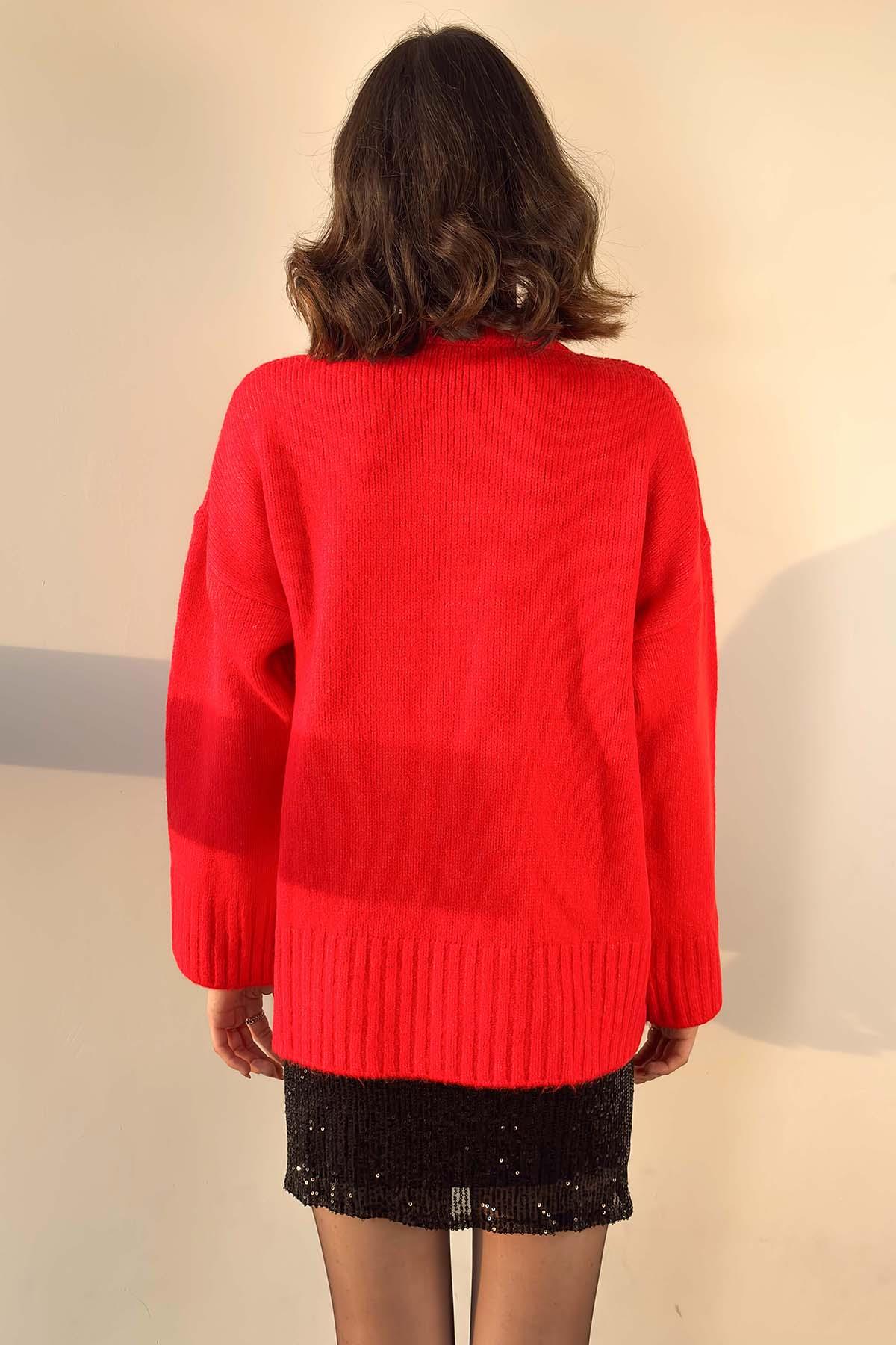 Kırmızı Oversize Bisiklet Yaka Triko Kazak