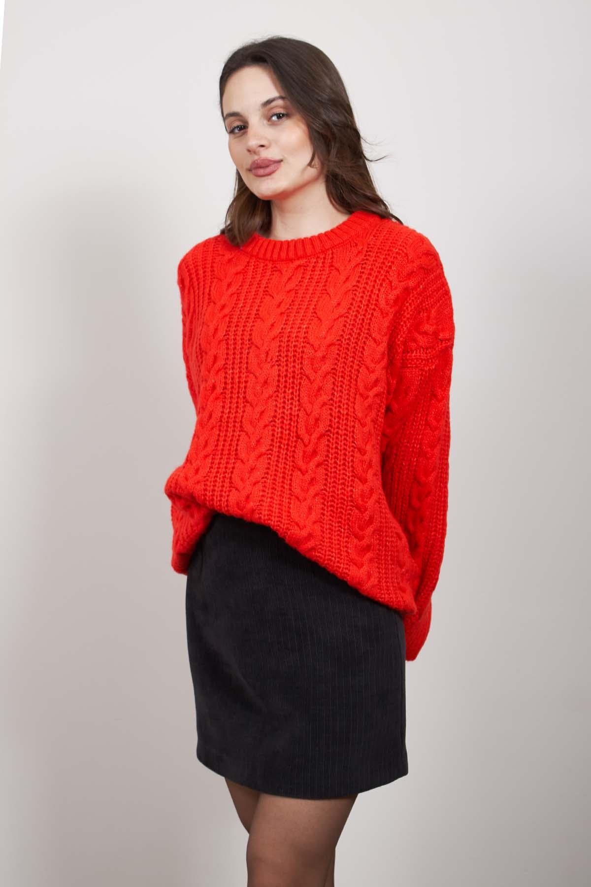Kırmızı Saç Örgülü Oversize İpek Kazak