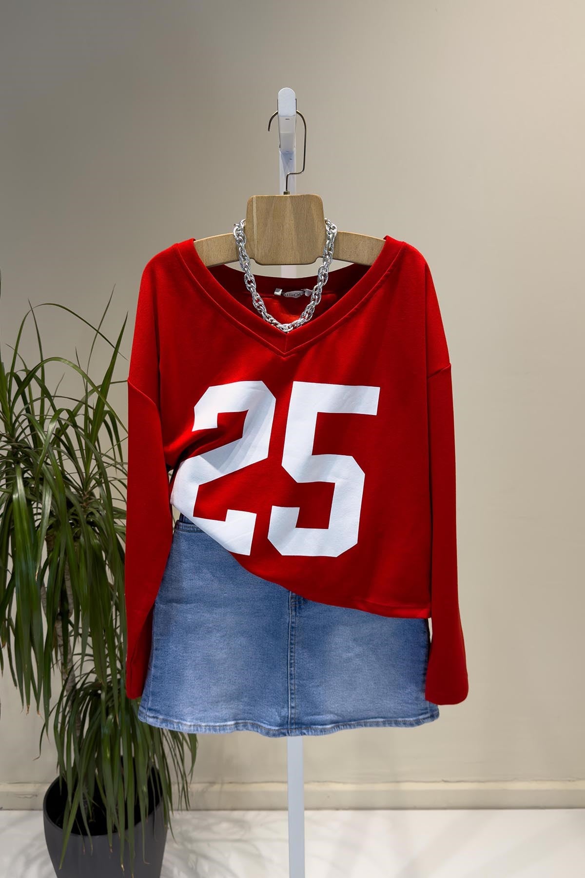 Kırmızı V Yaka Crop İnce Uzunkollu Sweatsihrt