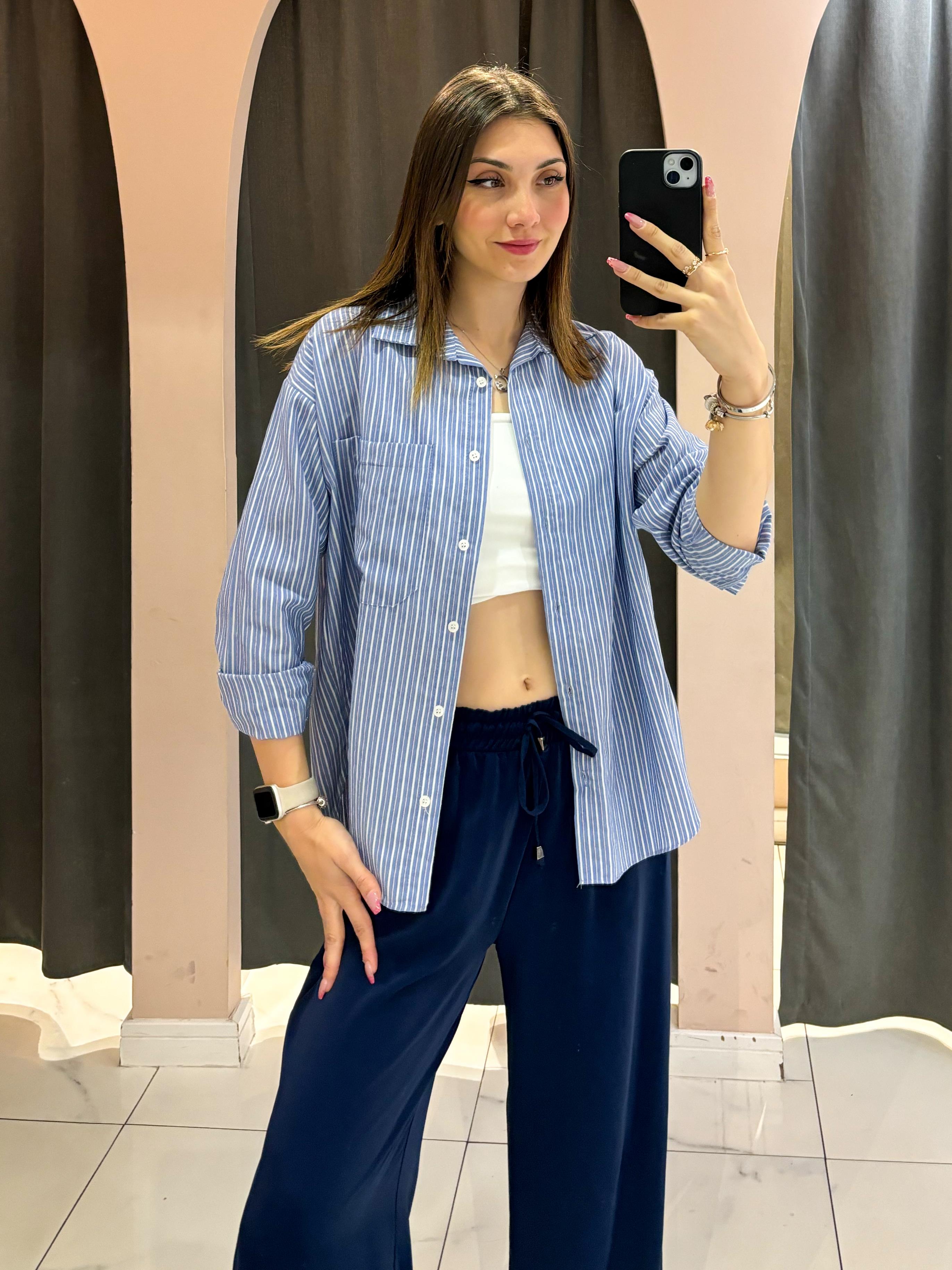 Koyu Mavi Çift Renk Çizgili Oversize Gömlek