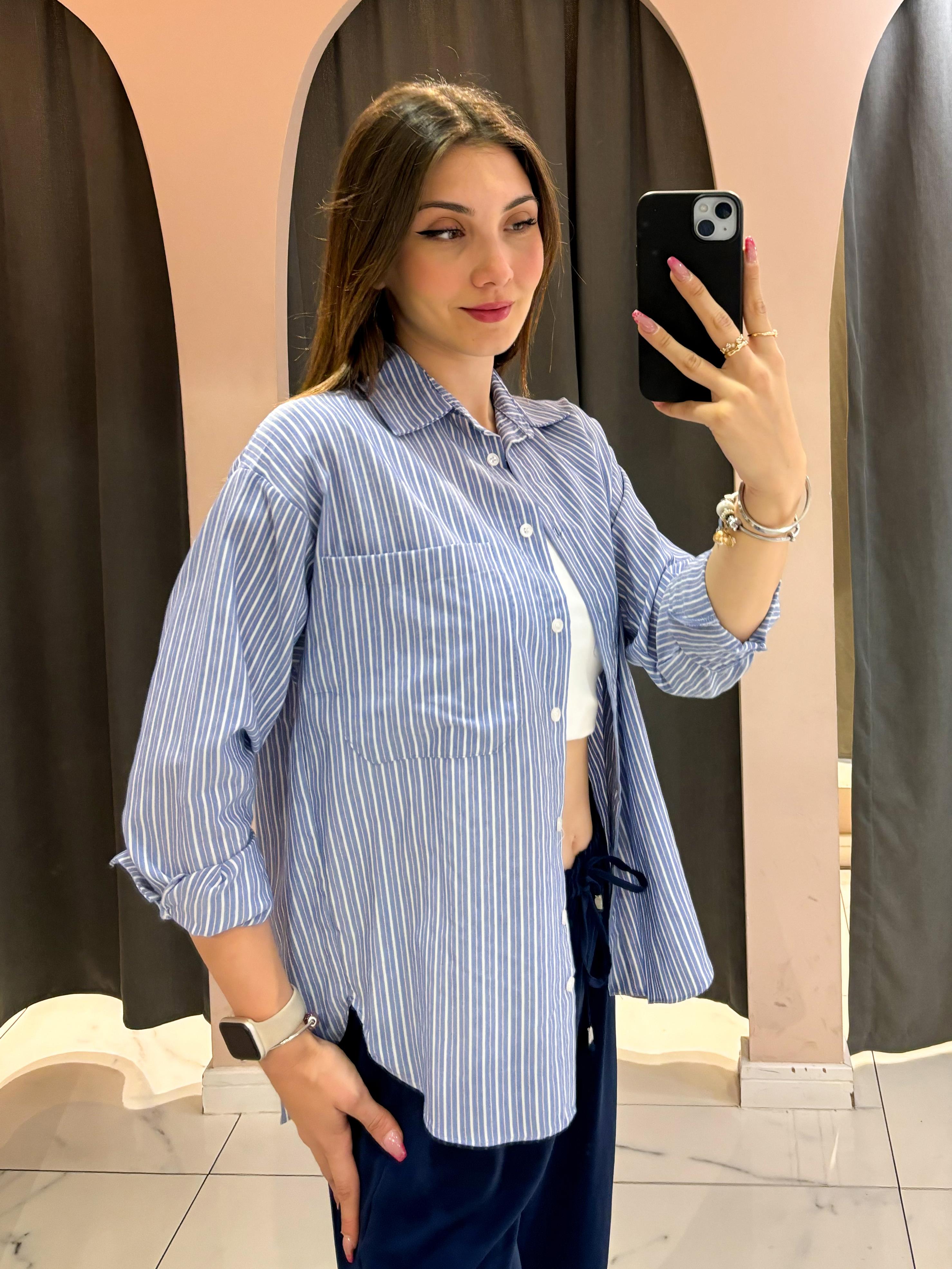 Koyu Mavi Çift Renk Çizgili Oversize Gömlek