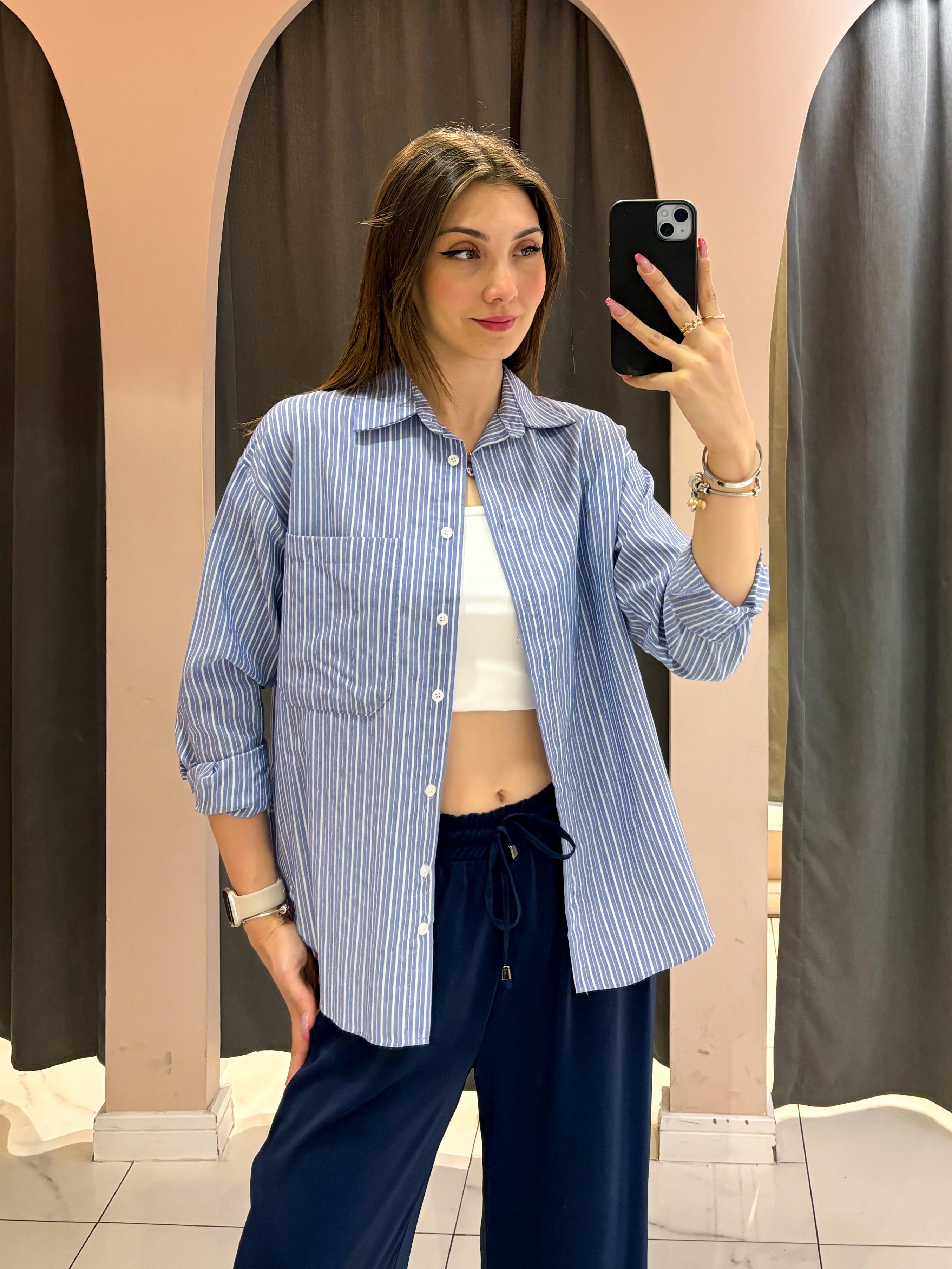 Koyu Mavi Çift Renk Çizgili Oversize Gömlek