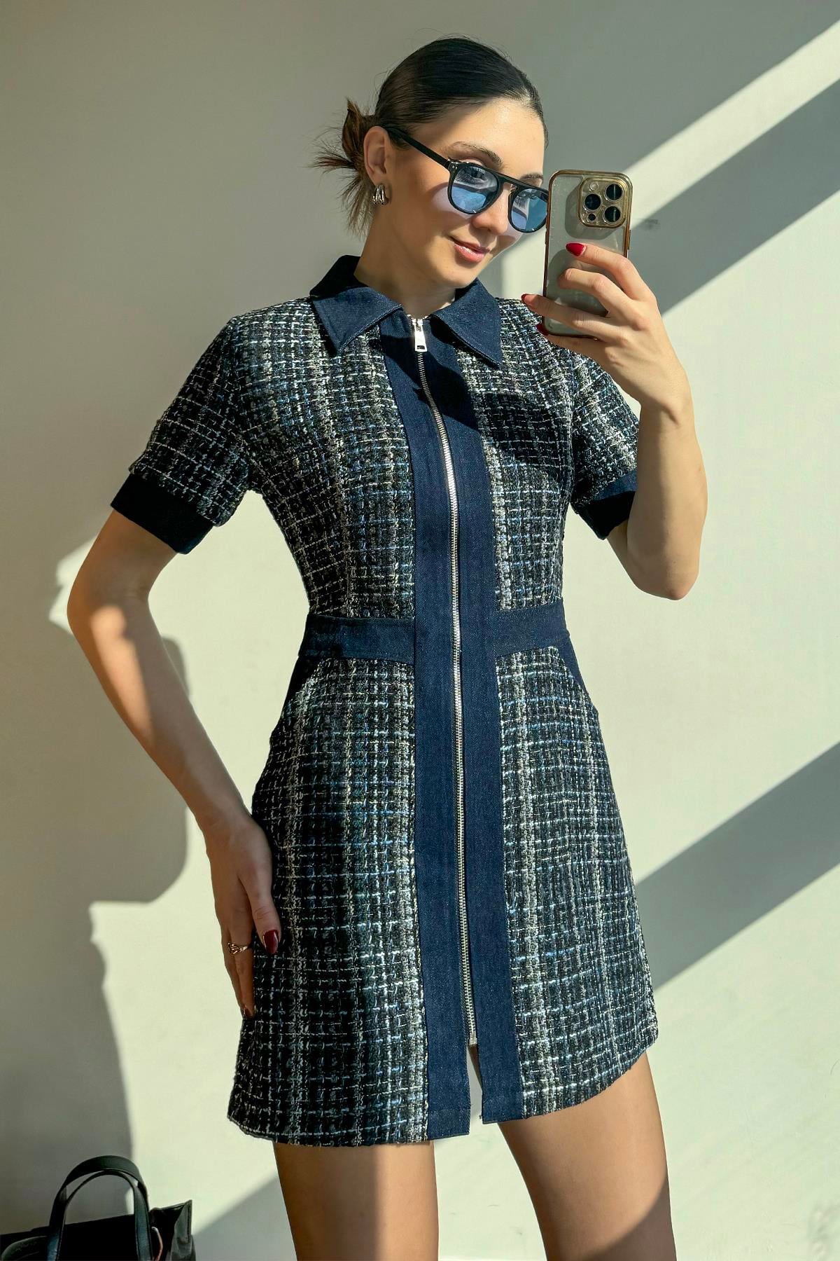 Koyu Mavi Denim Garnili Elbise