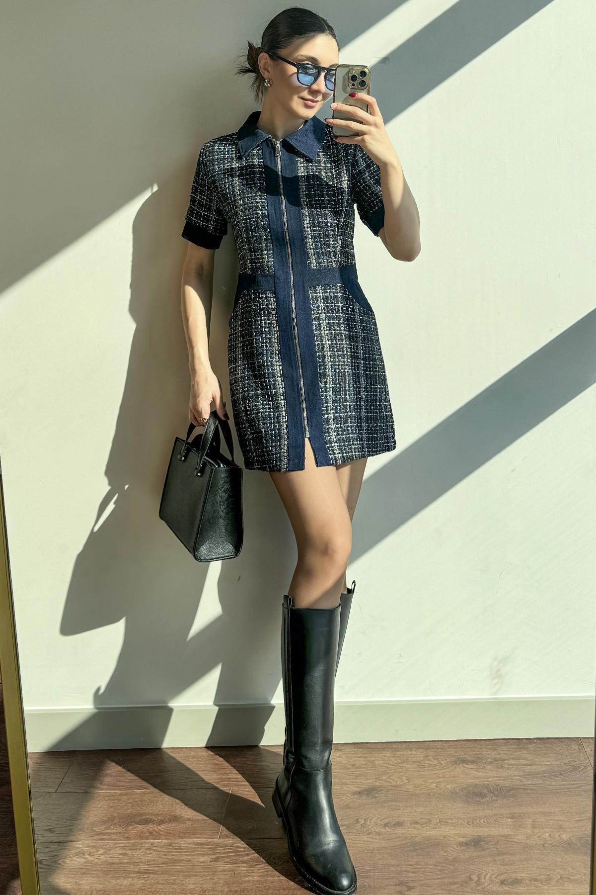 Koyu Mavi Denim Garnili Elbise
