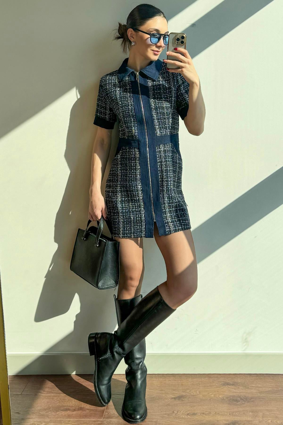 Koyu Mavi Denim Garnili Elbise