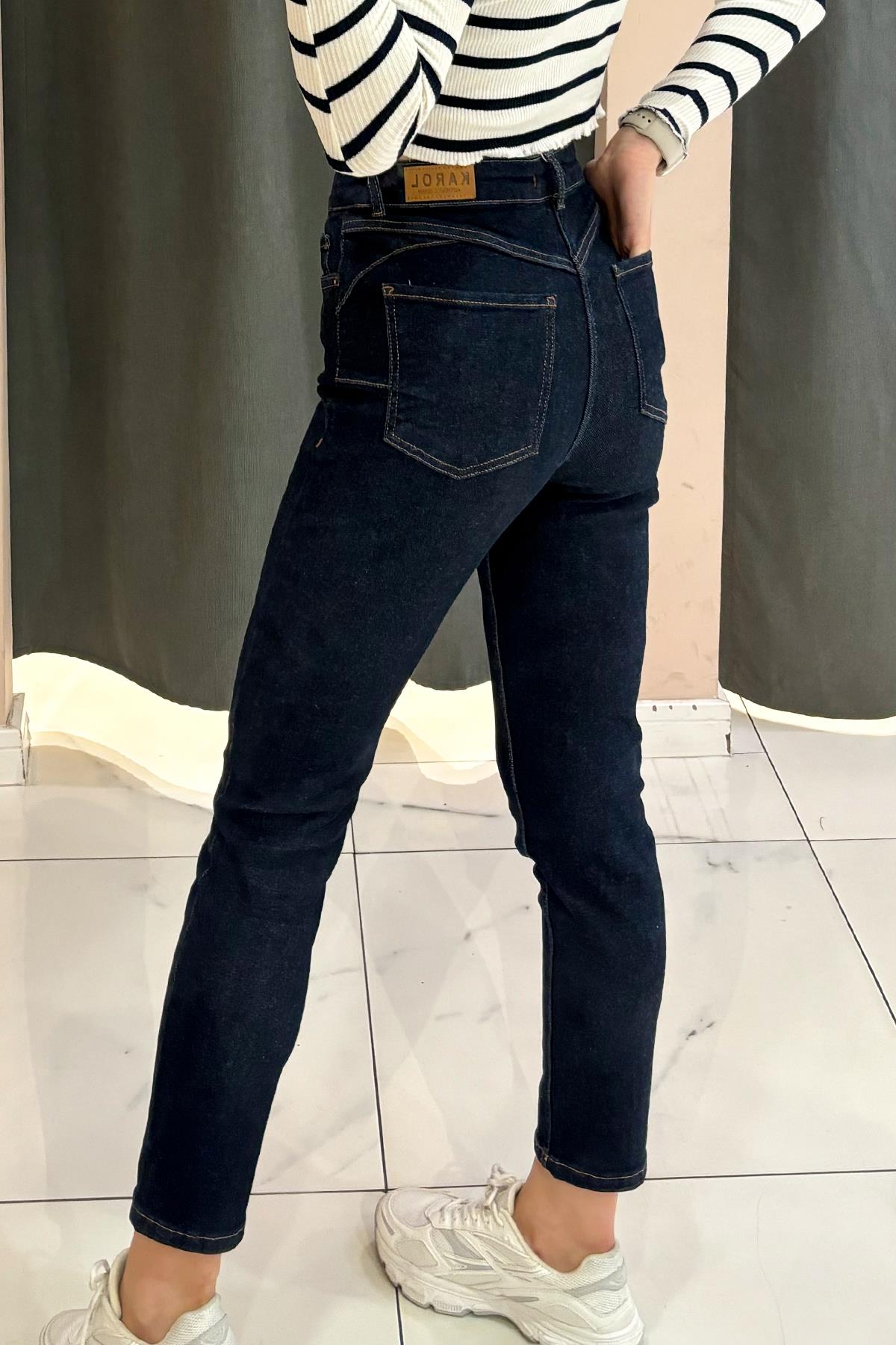 Koyu Mavi Push Up Etkili Mom Jean
