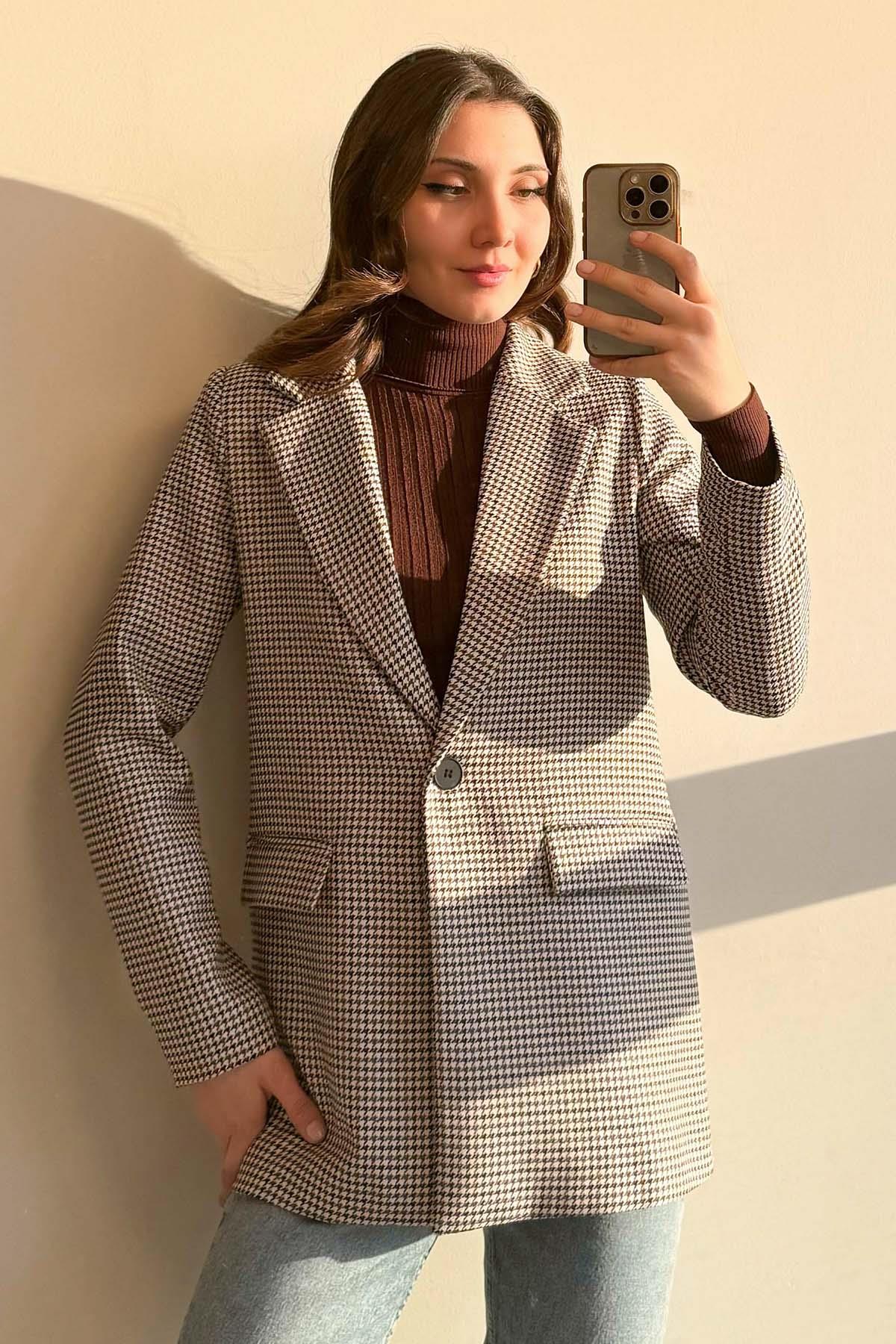 Krem Kazayağı Desenli Tek Düğme Blazer Ceket