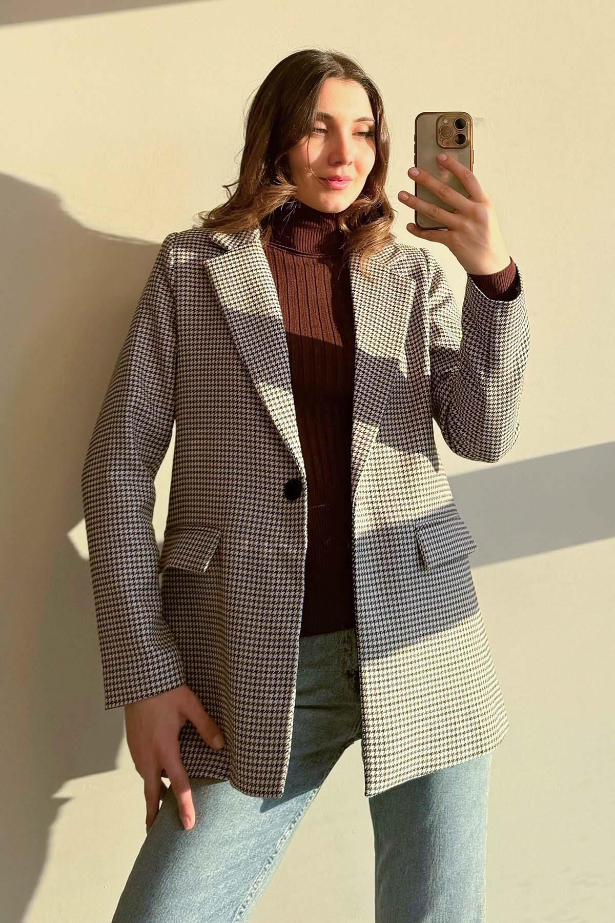 Krem Kazayağı Desenli Tek Düğme Blazer Ceket