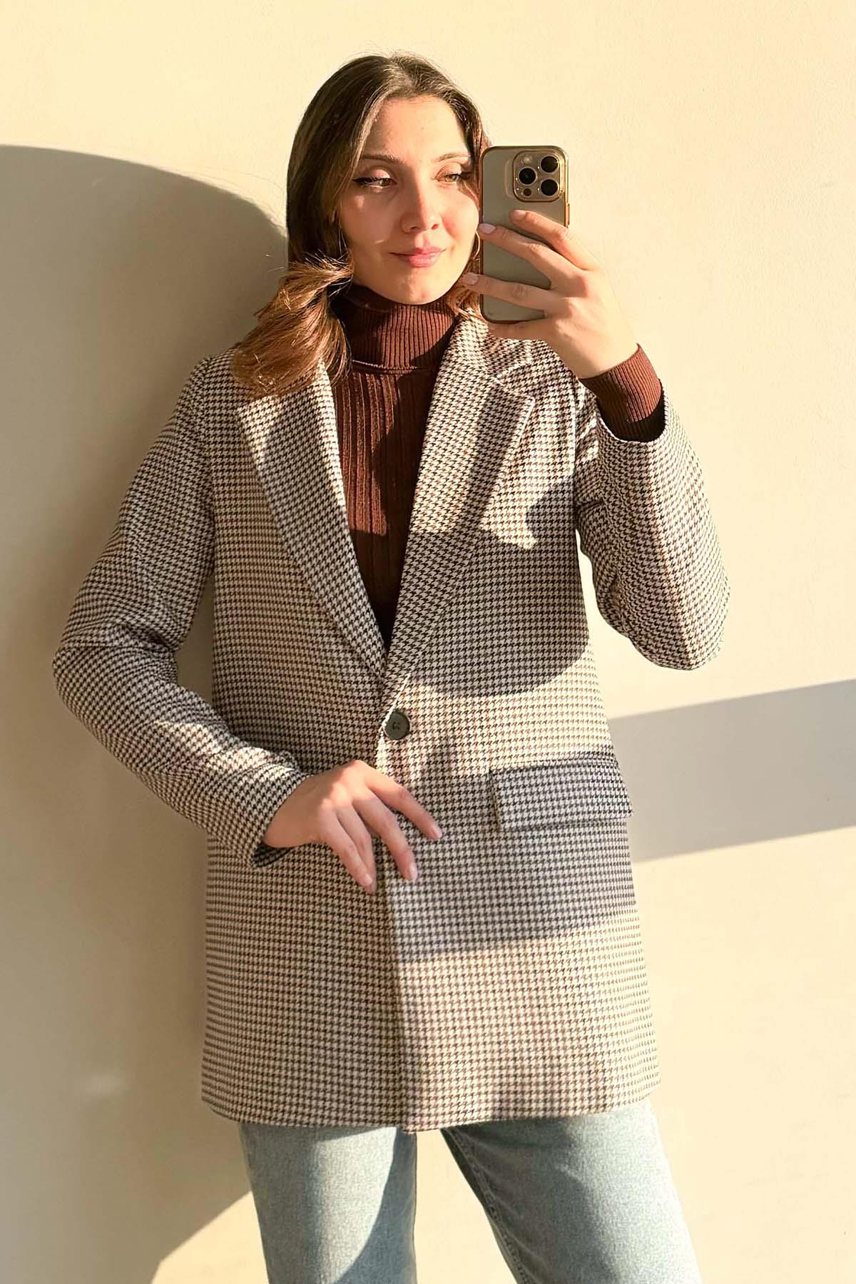 Krem Kazayağı Desenli Tek Düğme Blazer Ceket