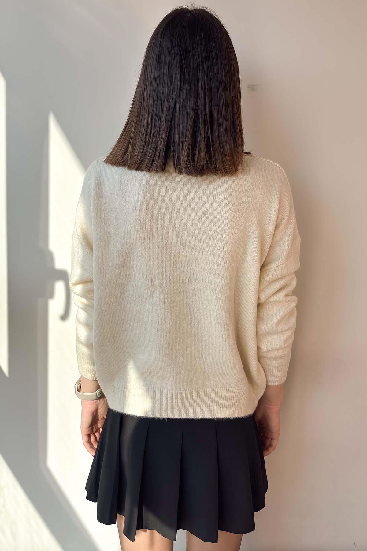 Krem Keten Çiçekli Oversize Kazak
