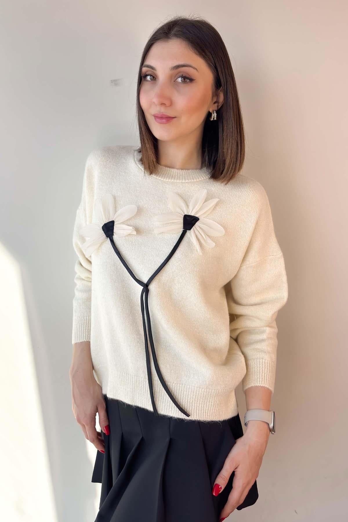Krem Keten Çiçekli Oversize Kazak