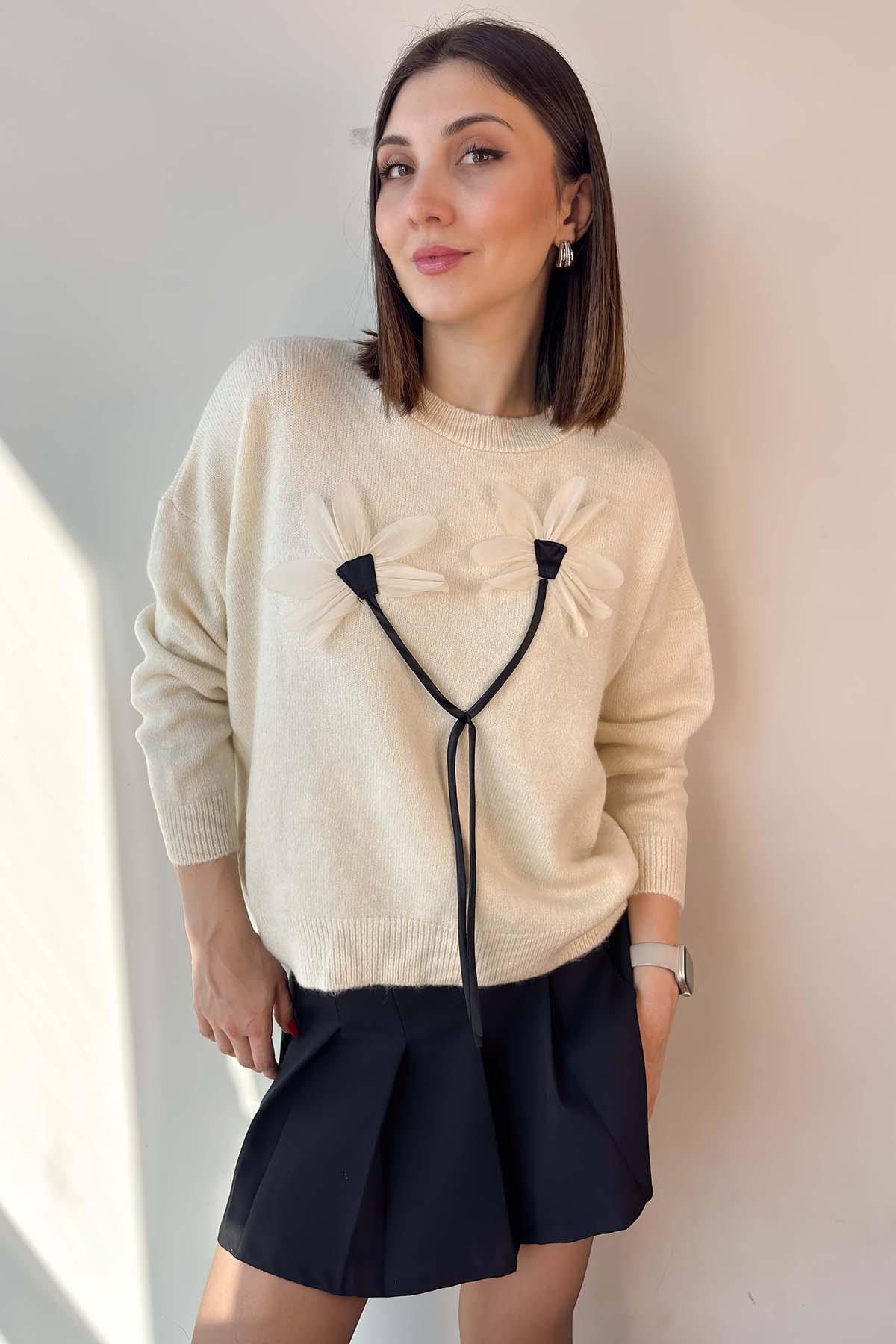 Krem Keten Çiçekli Oversize Kazak