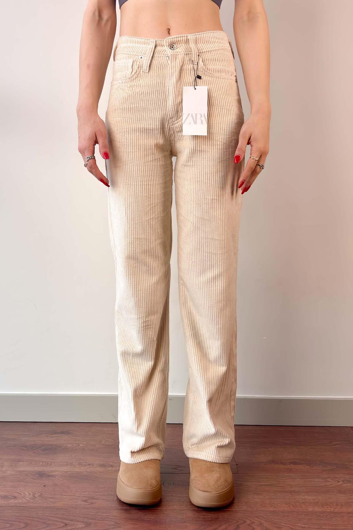 Krem Straight Kesim Kadife Jean Pantolon