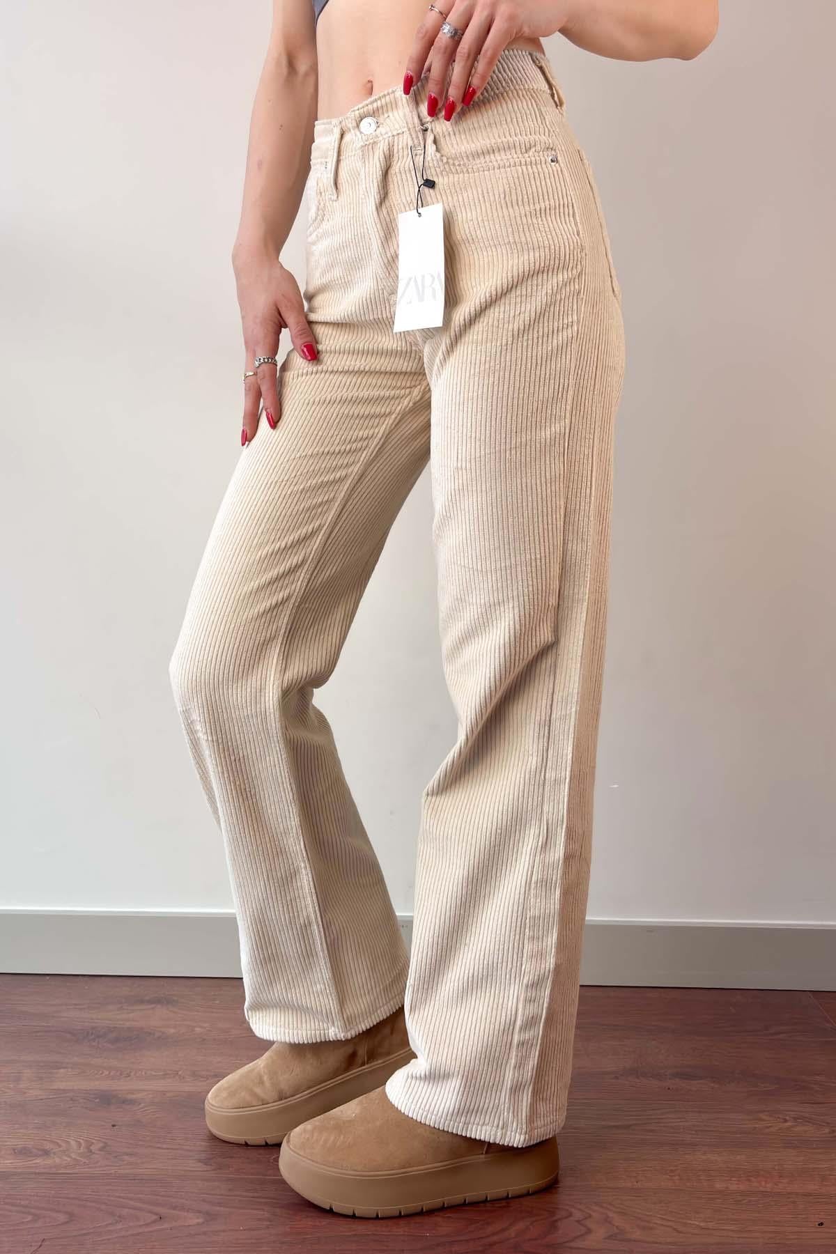 Krem Straight Kesim Kadife Jean Pantolon
