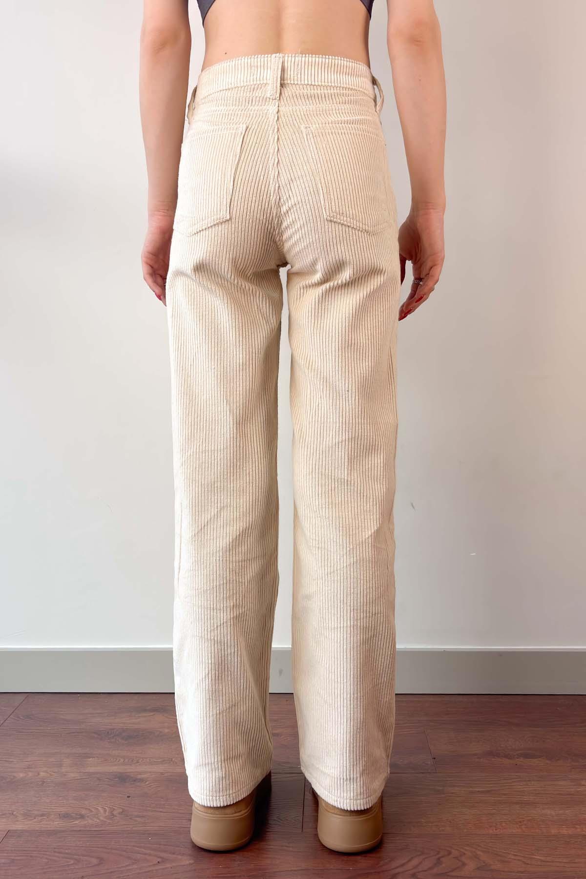 Krem Straight Kesim Kadife Jean Pantolon
