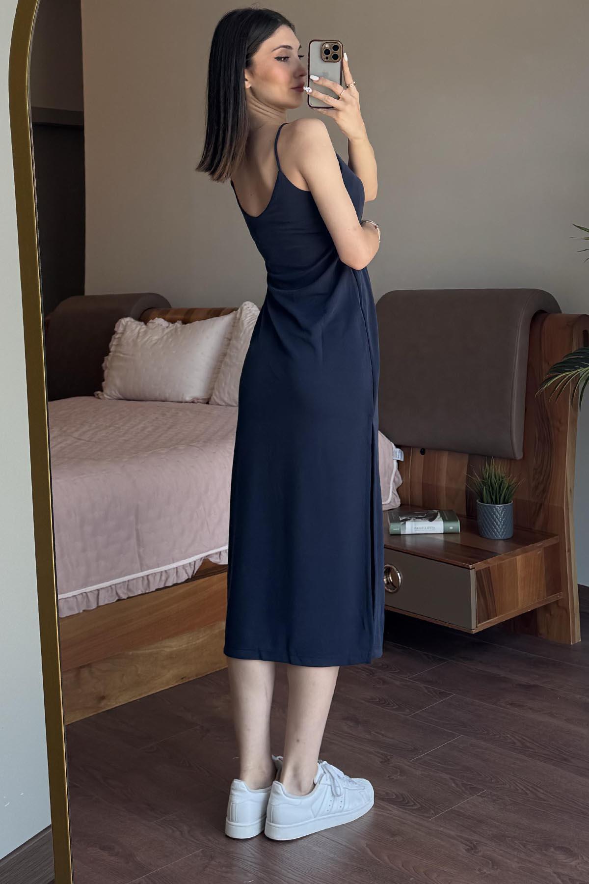 Lacivert Askılı Pike Modal Elbise