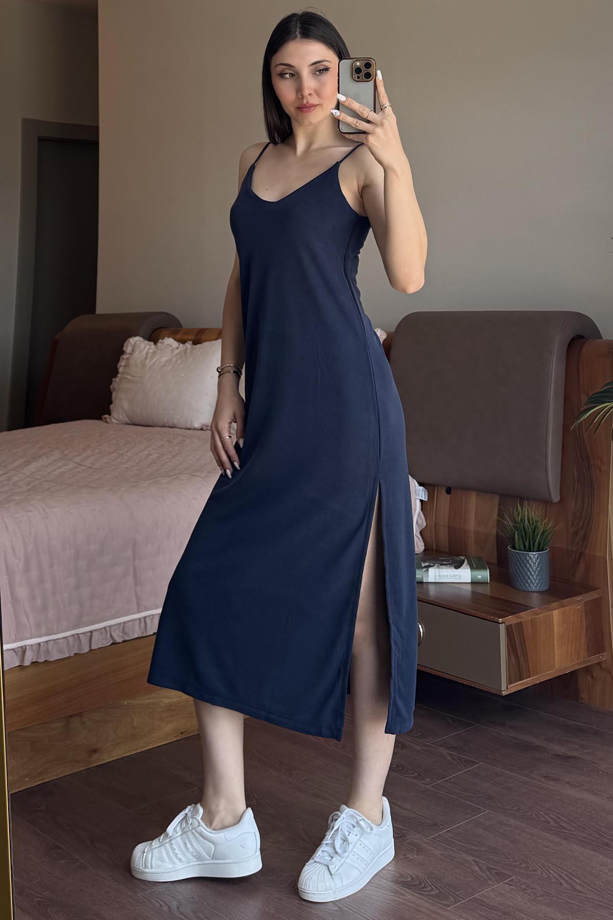 Lacivert Askılı Pike Modal Elbise