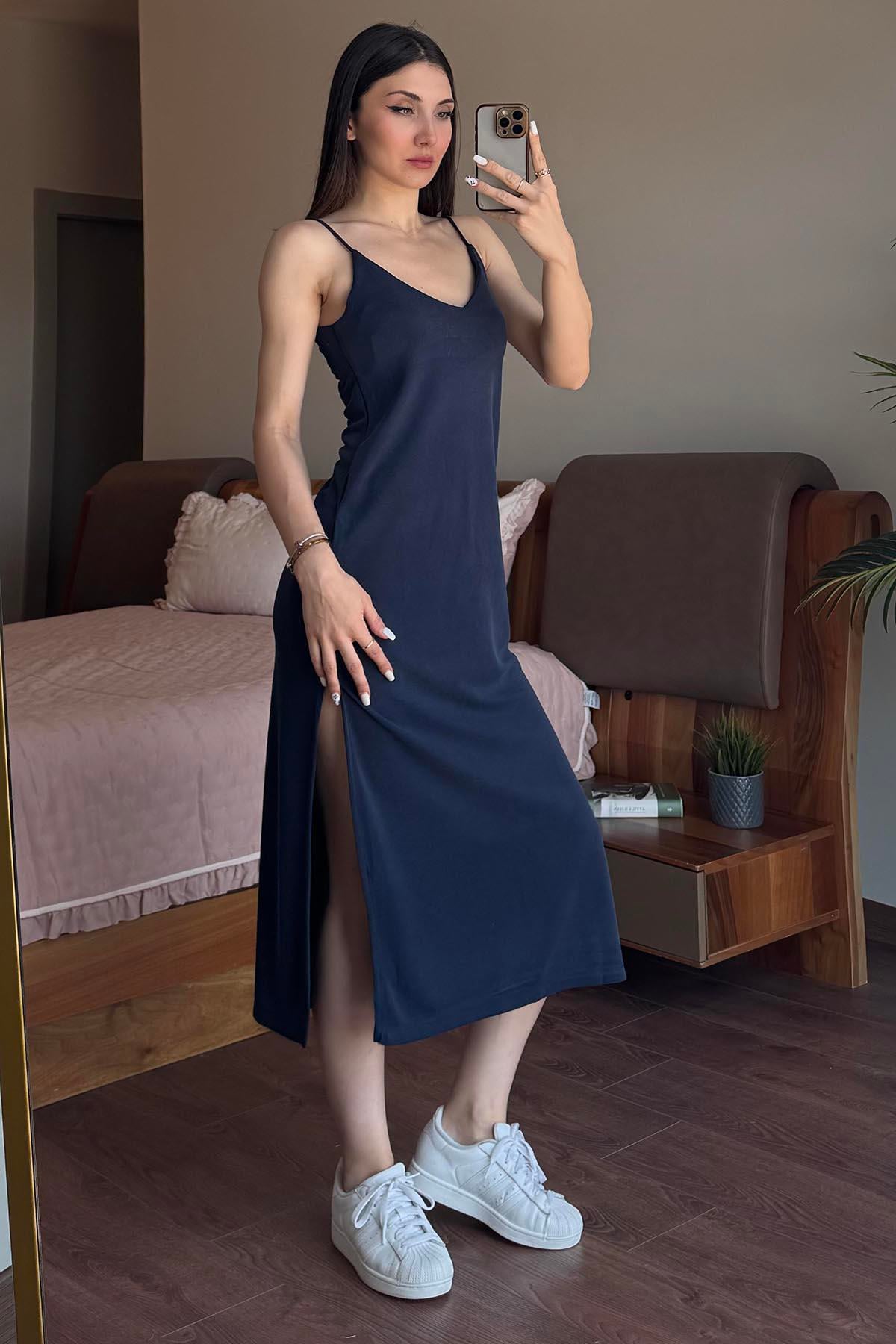 Lacivert Askılı Pike Modal Elbise