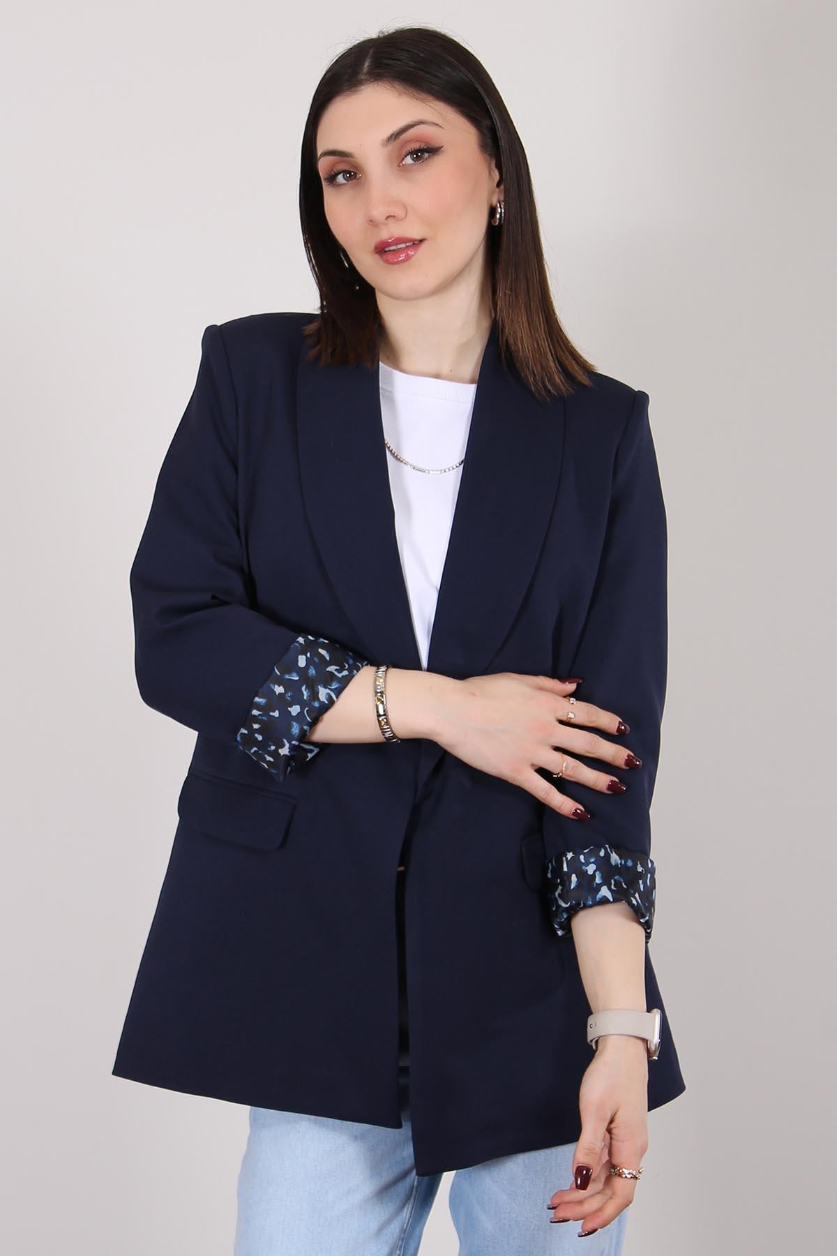 Lacivert Atlas Kumaş Leopar Astarlı Blazer Ceket