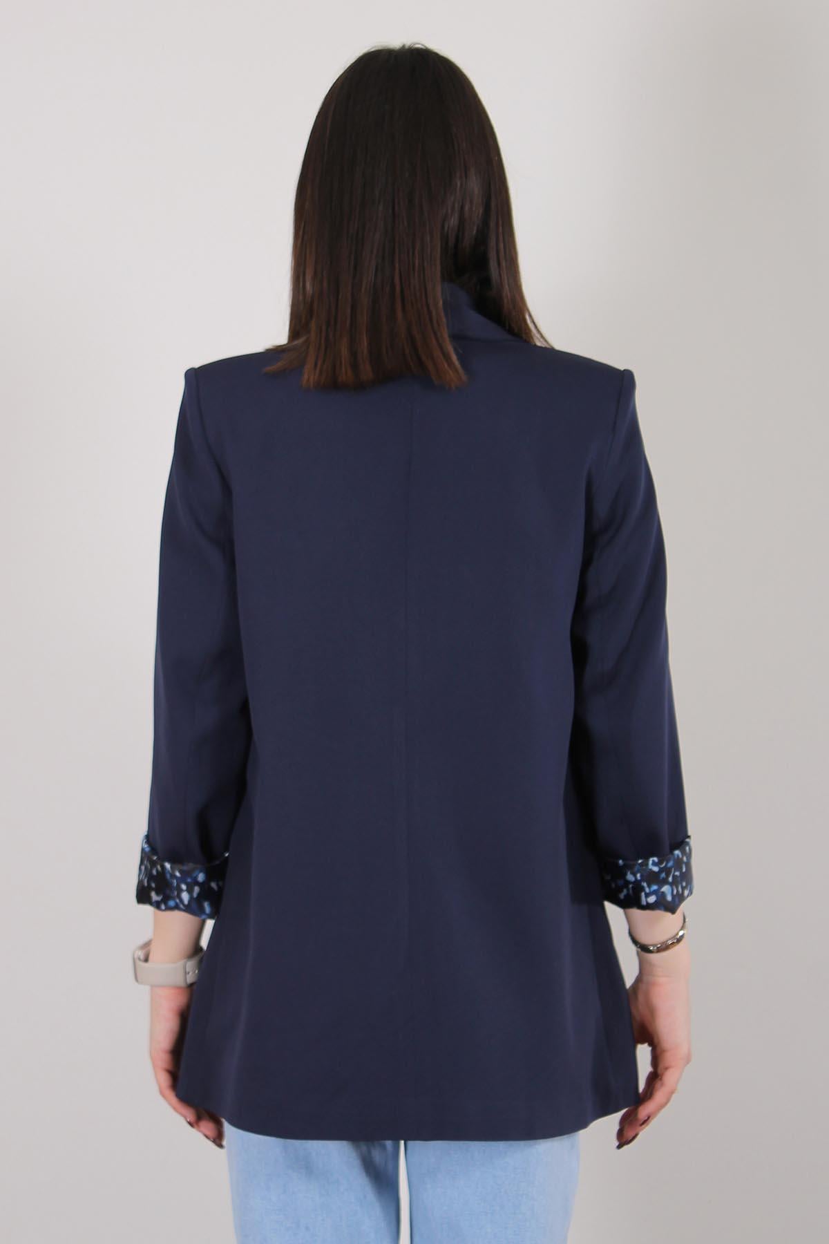 Lacivert Atlas Kumaş Leopar Astarlı Blazer Ceket