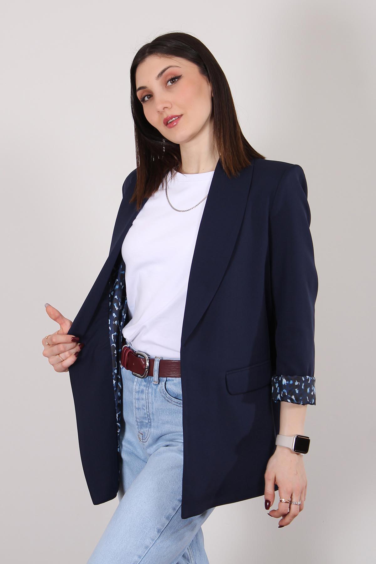 Lacivert Atlas Kumaş Leopar Astarlı Blazer Ceket