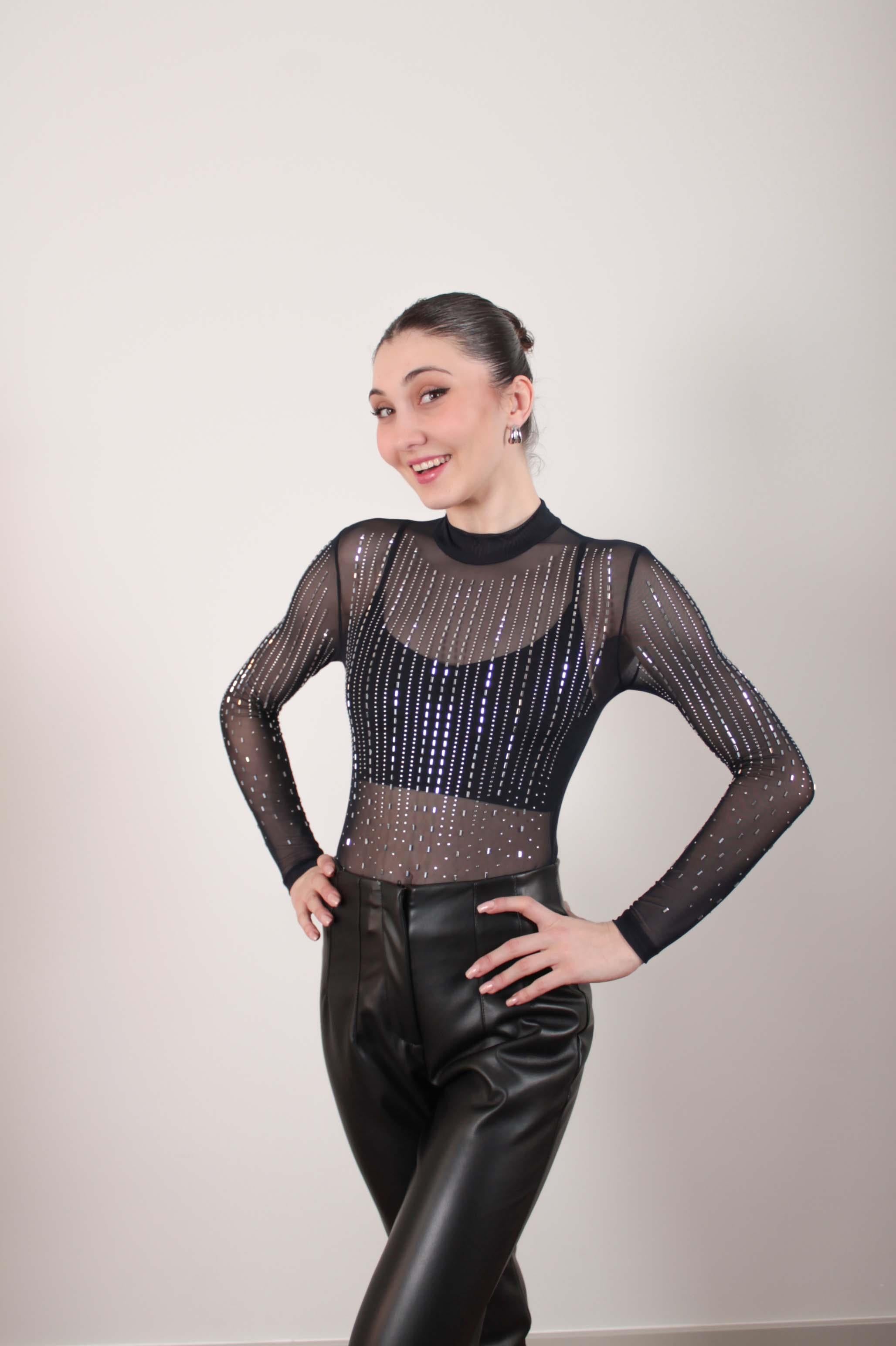 Lacivert Baget Taşlı Transparan Bodysuit