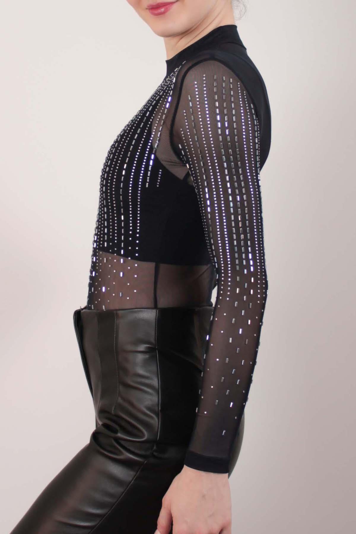 Lacivert Baget Taşlı Transparan Bodysuit