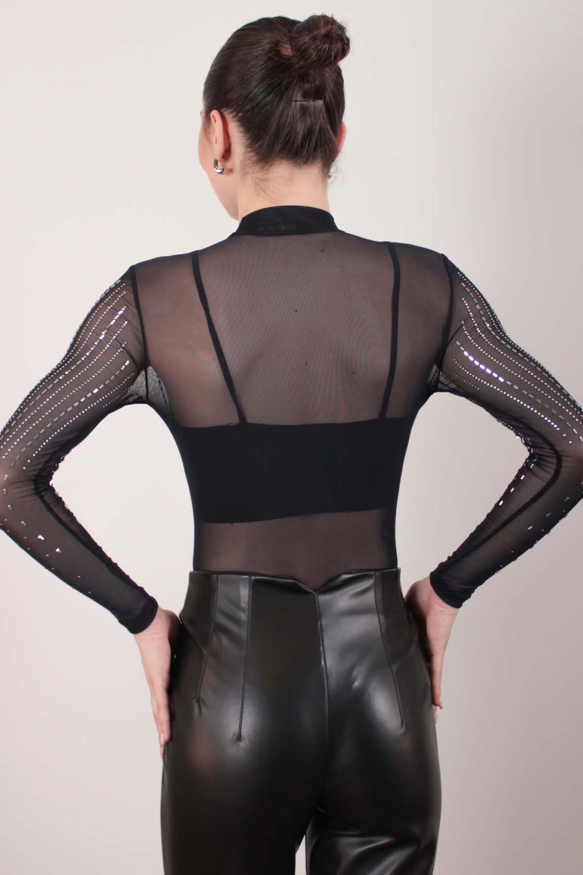 Lacivert Baget Taşlı Transparan Bodysuit