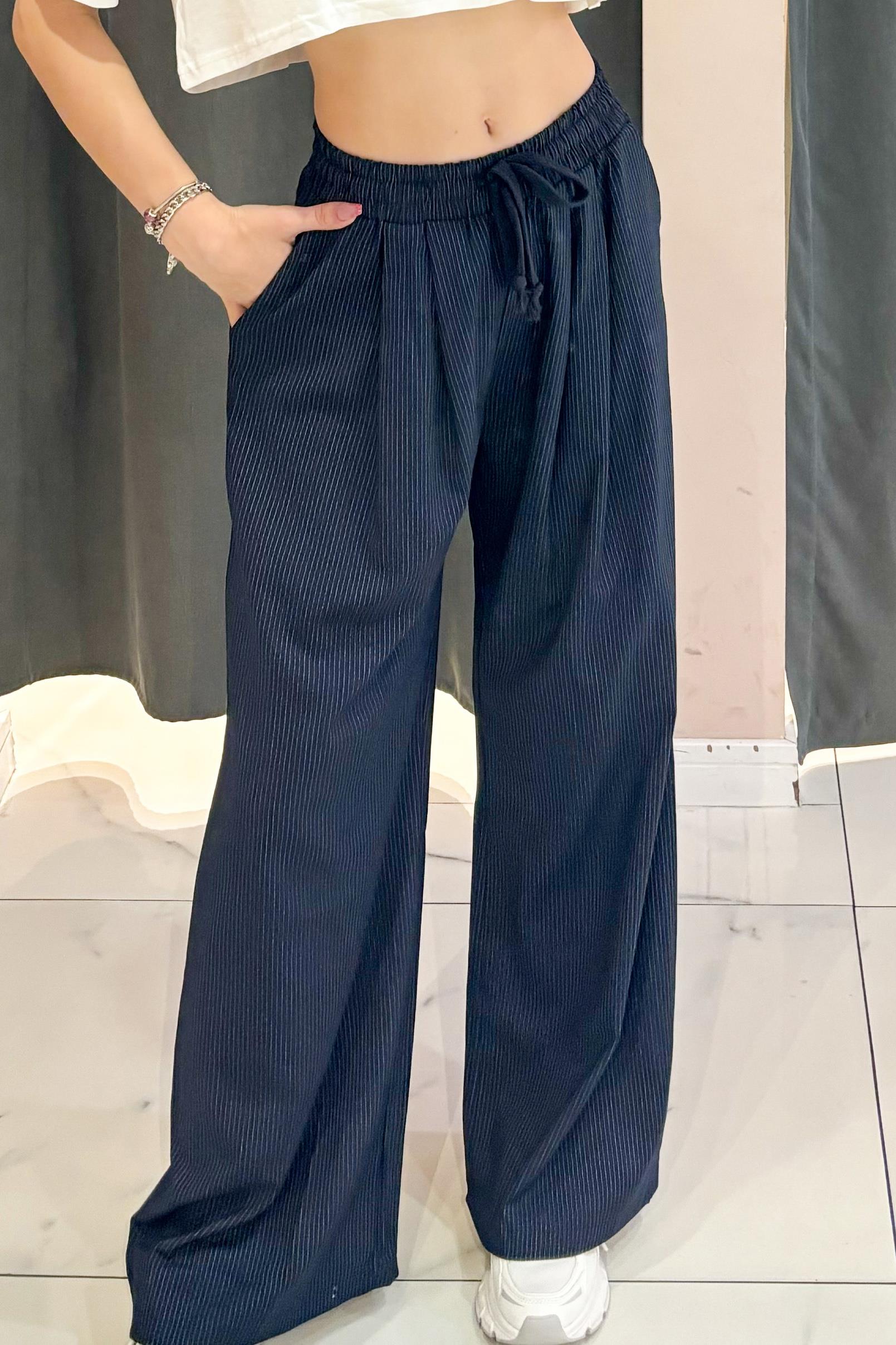 Lacivert Beli Lastikli Çizgili Pantolon