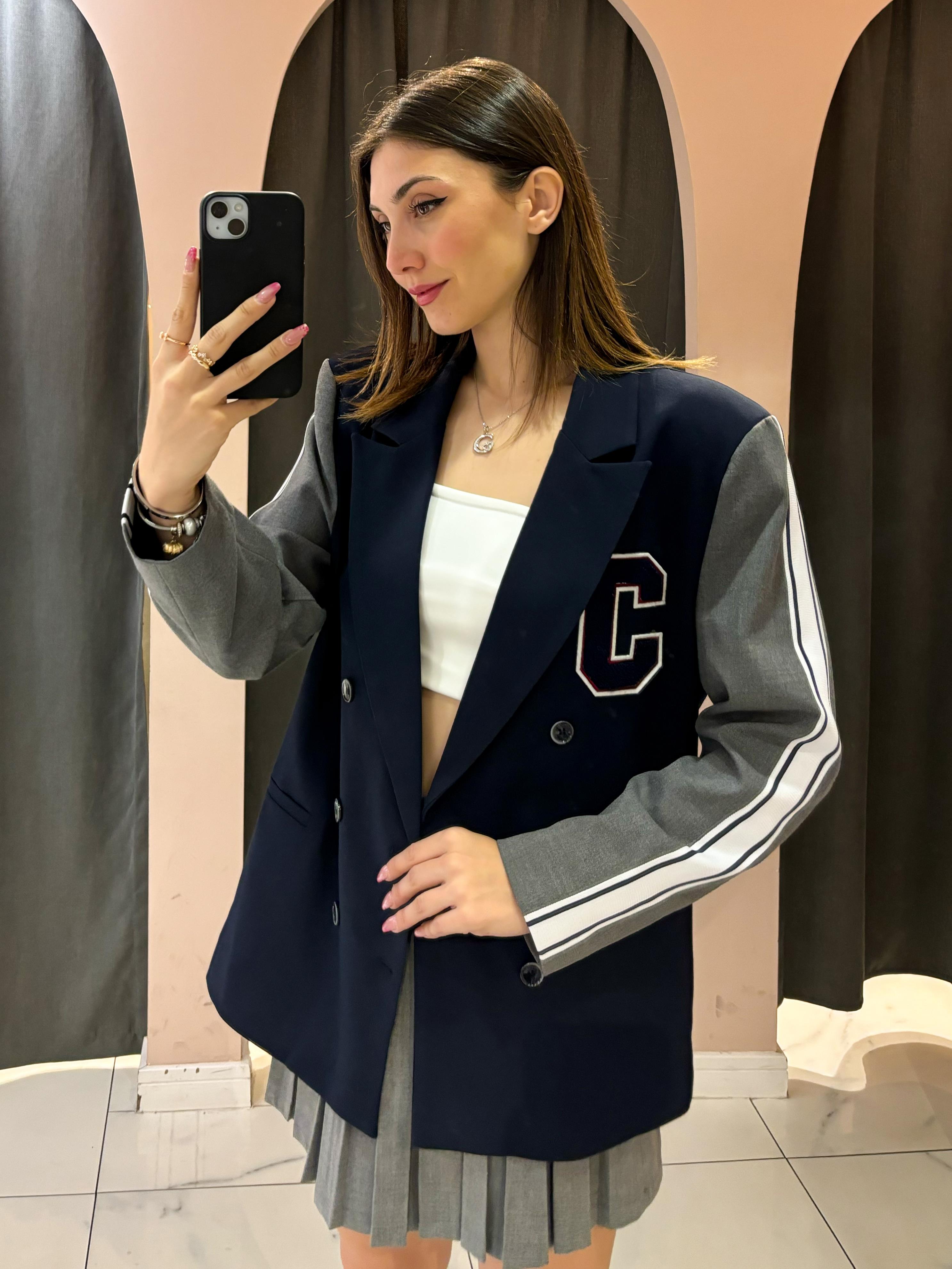 Lacivert C Armalı Yanları Şeritli Oversize Ceket