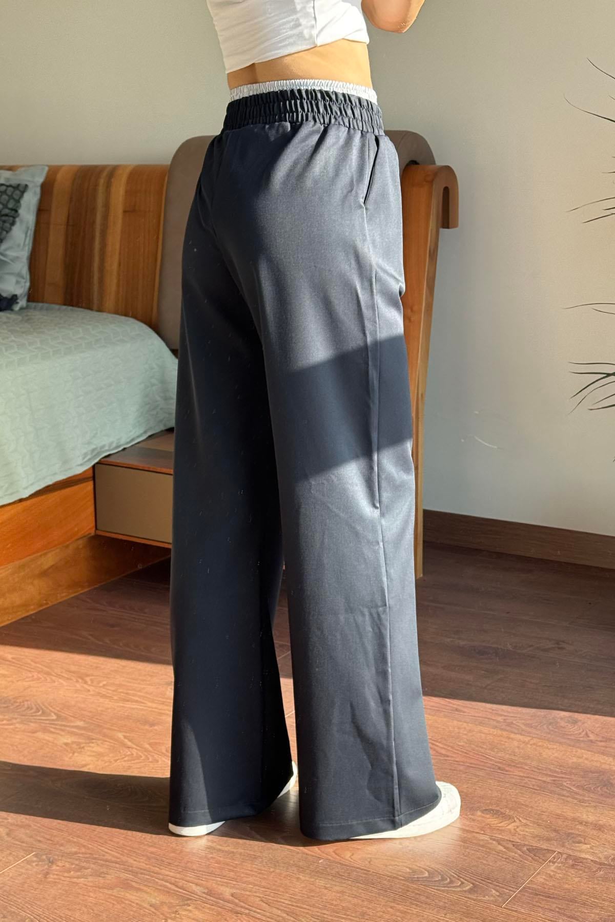 Lacivert Çift Lastikli Geniş Paça Pantolon