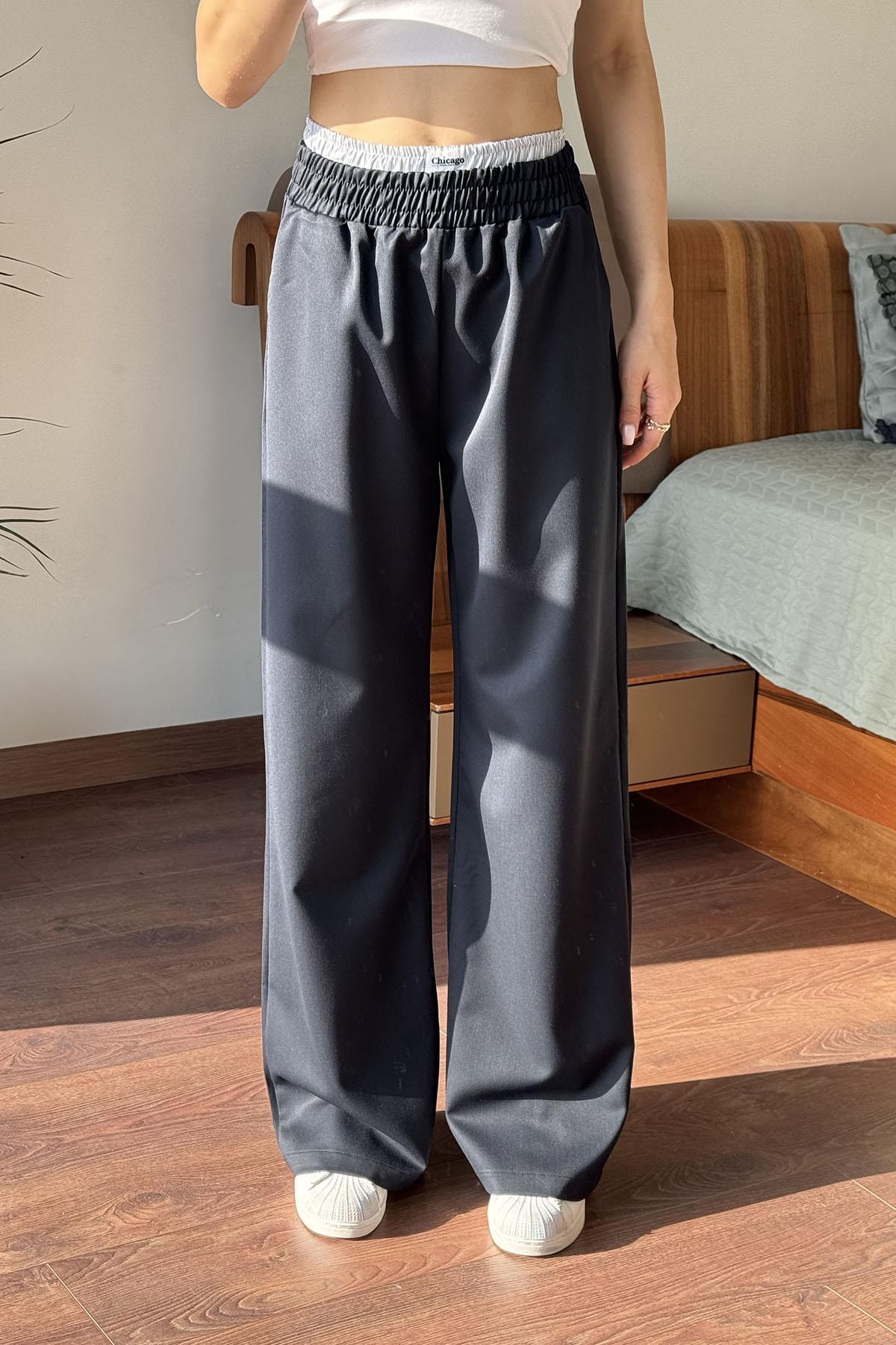 Lacivert Çift Lastikli Geniş Paça Pantolon