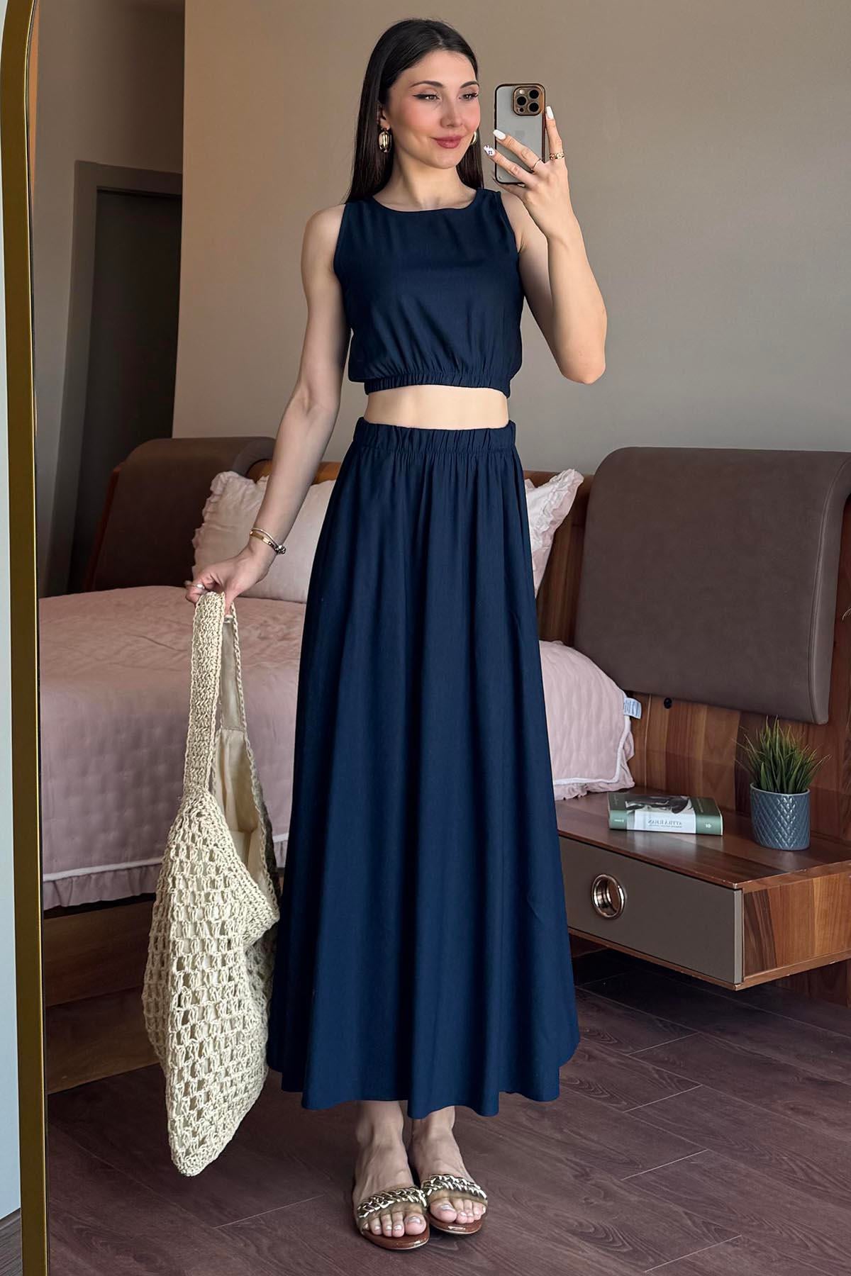Lacivert Etekli Crop Takım