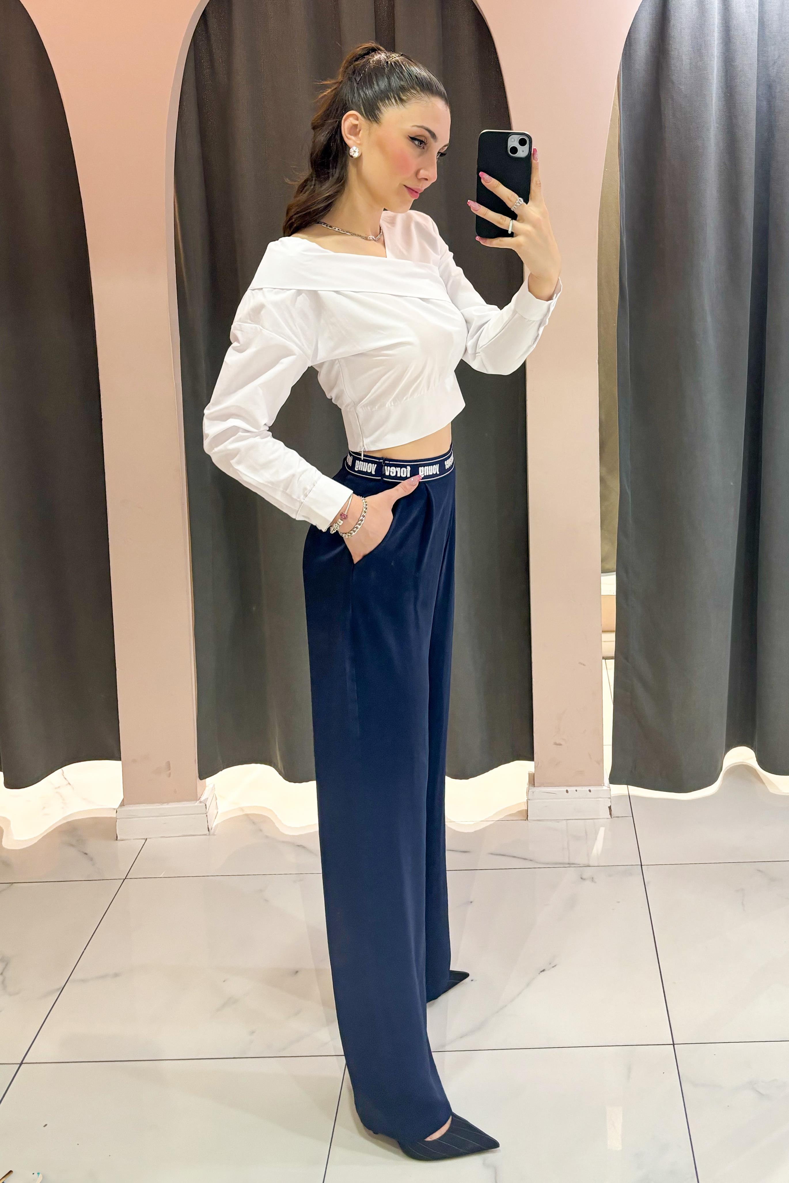 Lacivert Forever Young Baskılı Kemer Detaylı Beli Lastikli Pantolon