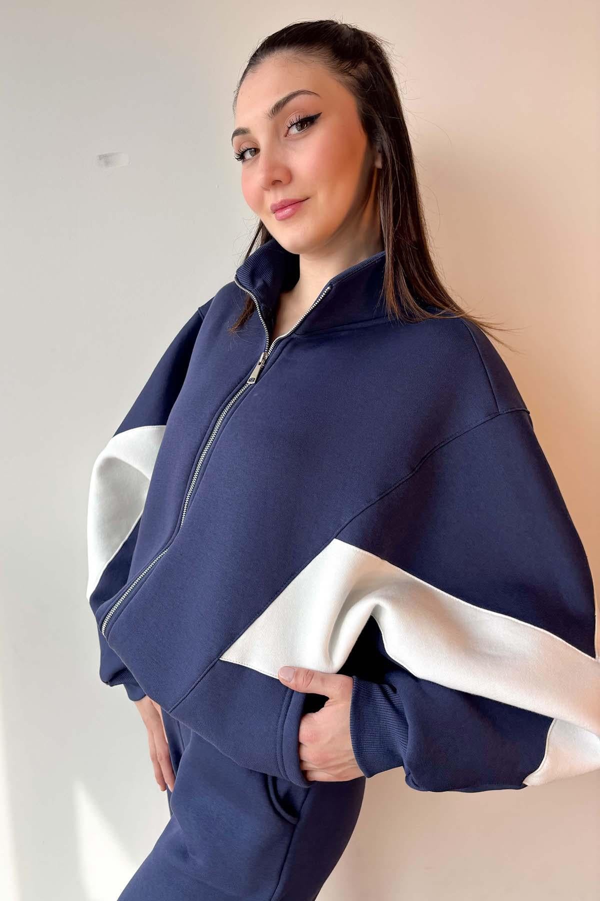 Lacivert Kolu Parça Detaylı Üç İplik Şardonlu Fermuarlı Sweatshirt