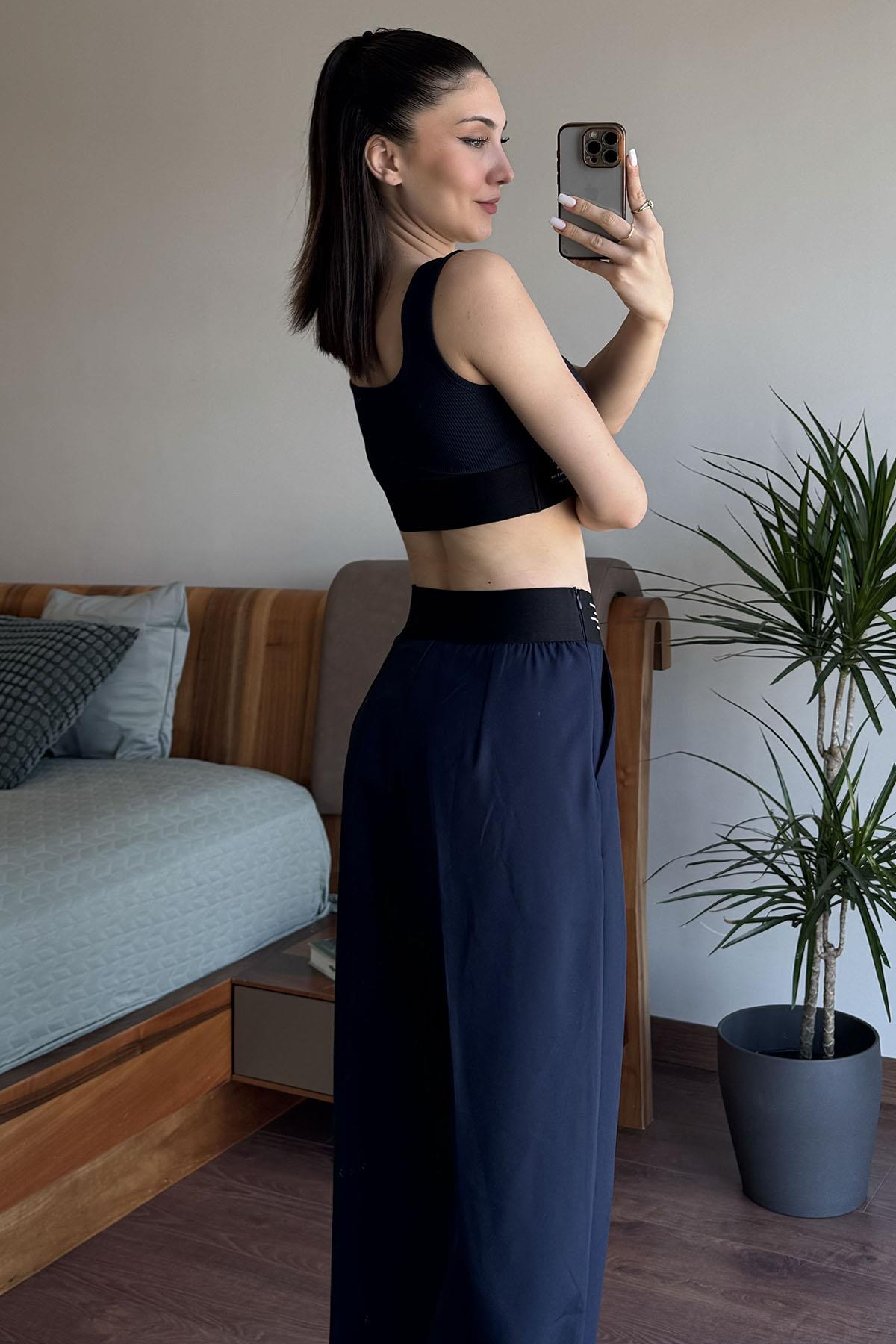 Lacivert Lastik Detaylı Crop Top Atlet