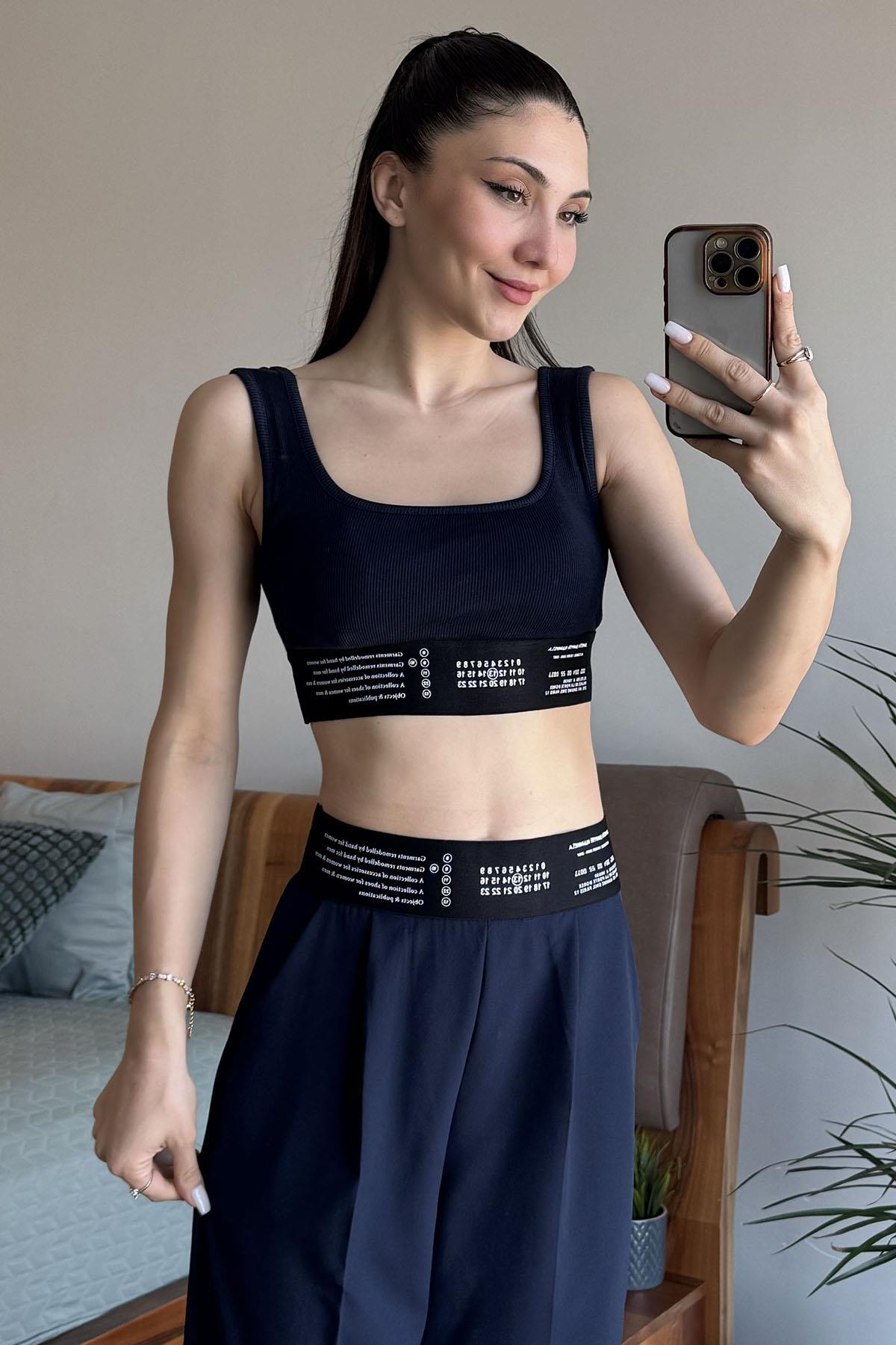 Lacivert Lastik Detaylı Crop Top Atlet