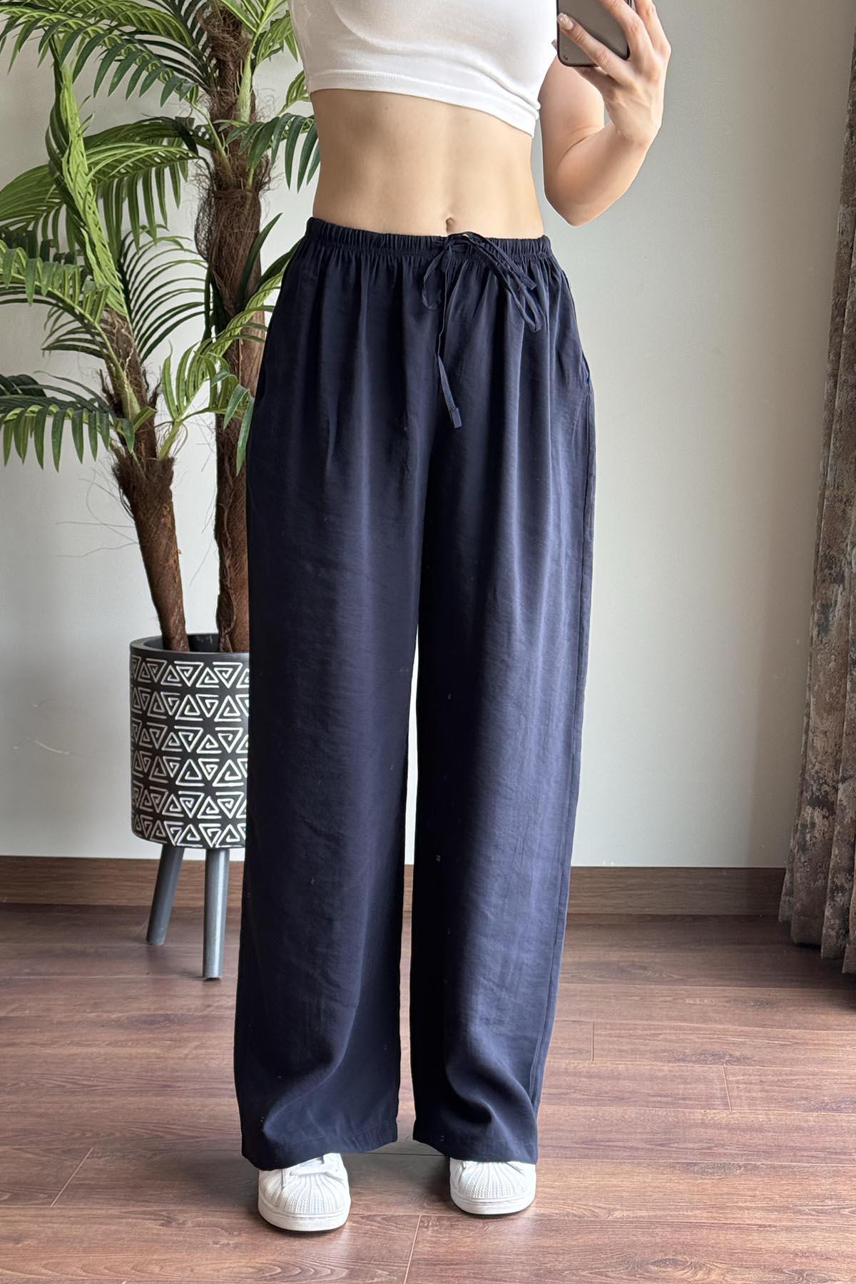 Lacivert Massi Beli İpli Tencel Pantolon
