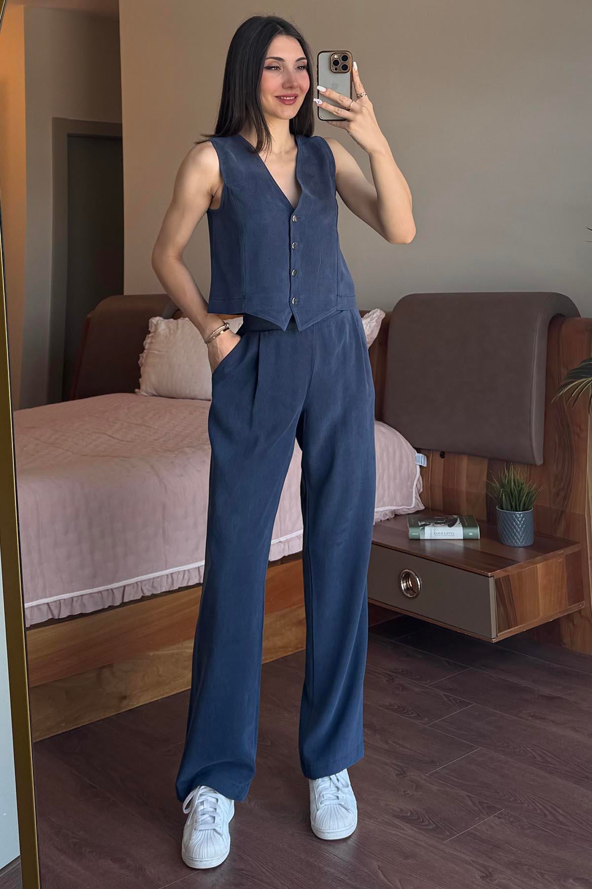 Lacivert Massi Yelekli Tencel Takım