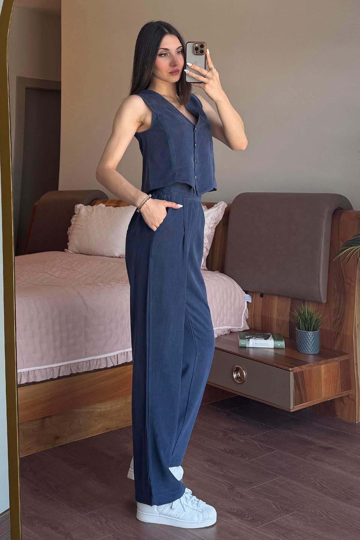 Lacivert Massi Yelekli Tencel Takım