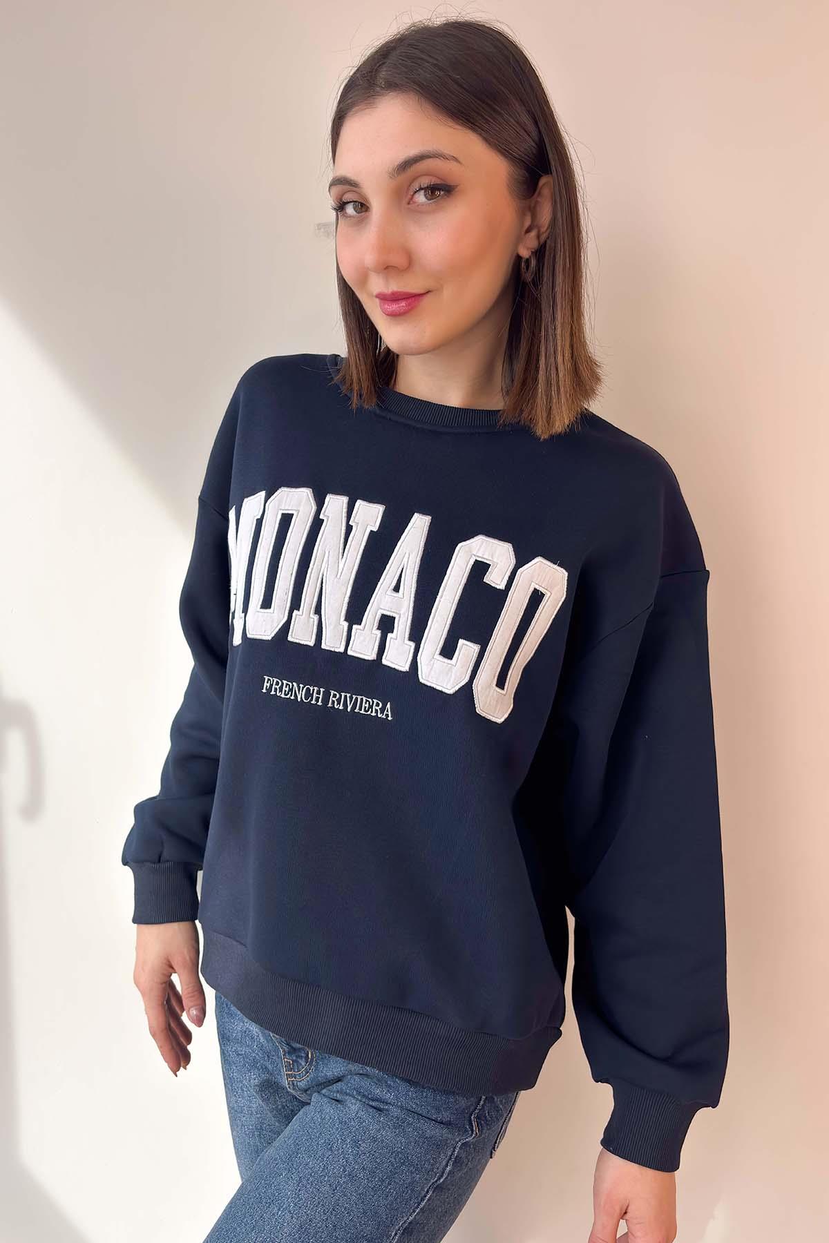 Lacivert Monaco Nakışlı Oversize Sweatshirt