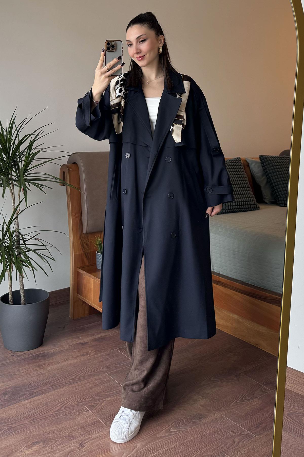 Lacivert Oversize Bezayağı Uzun Trençkot