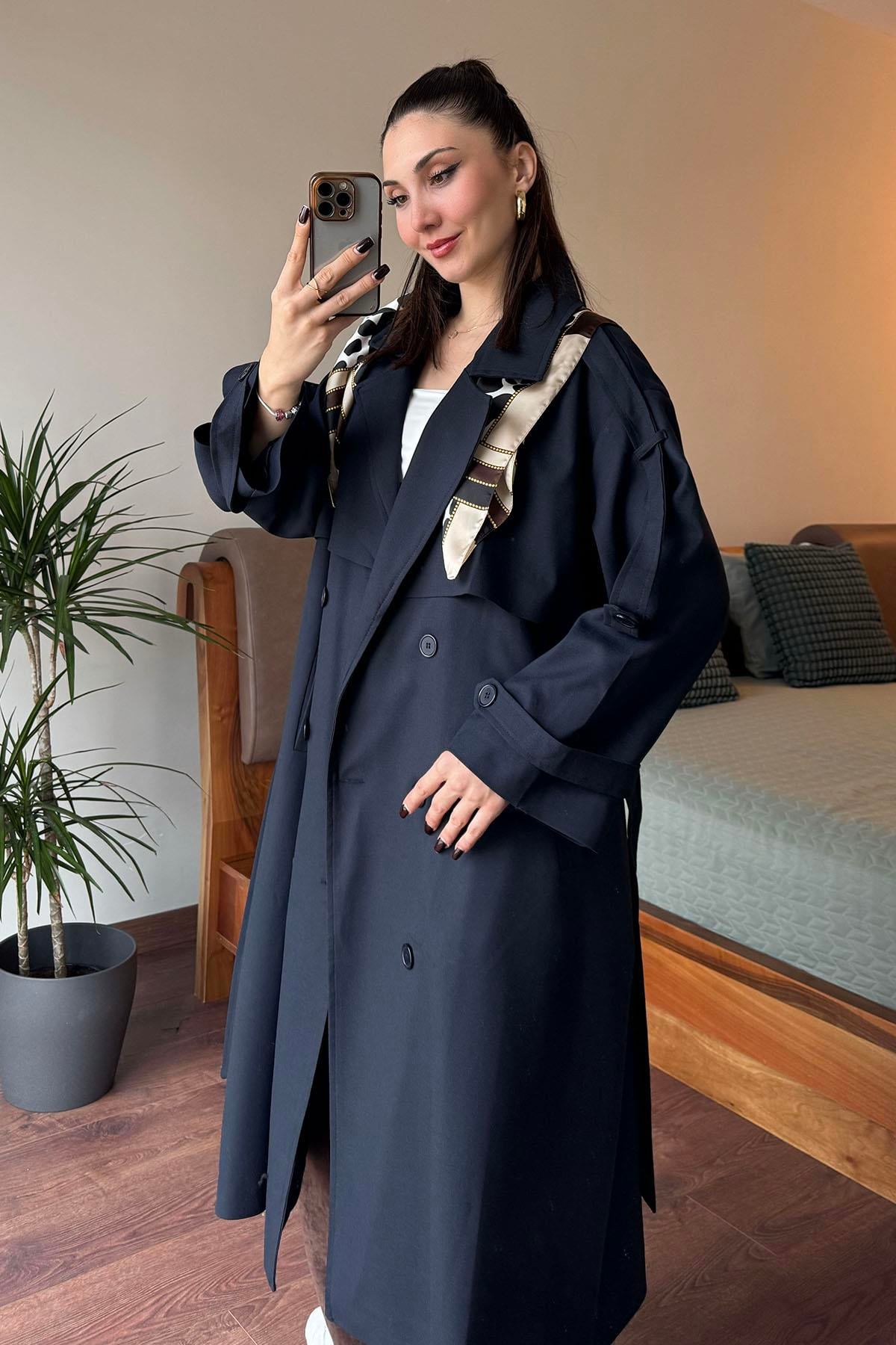 Lacivert Oversize Bezayağı Uzun Trençkot