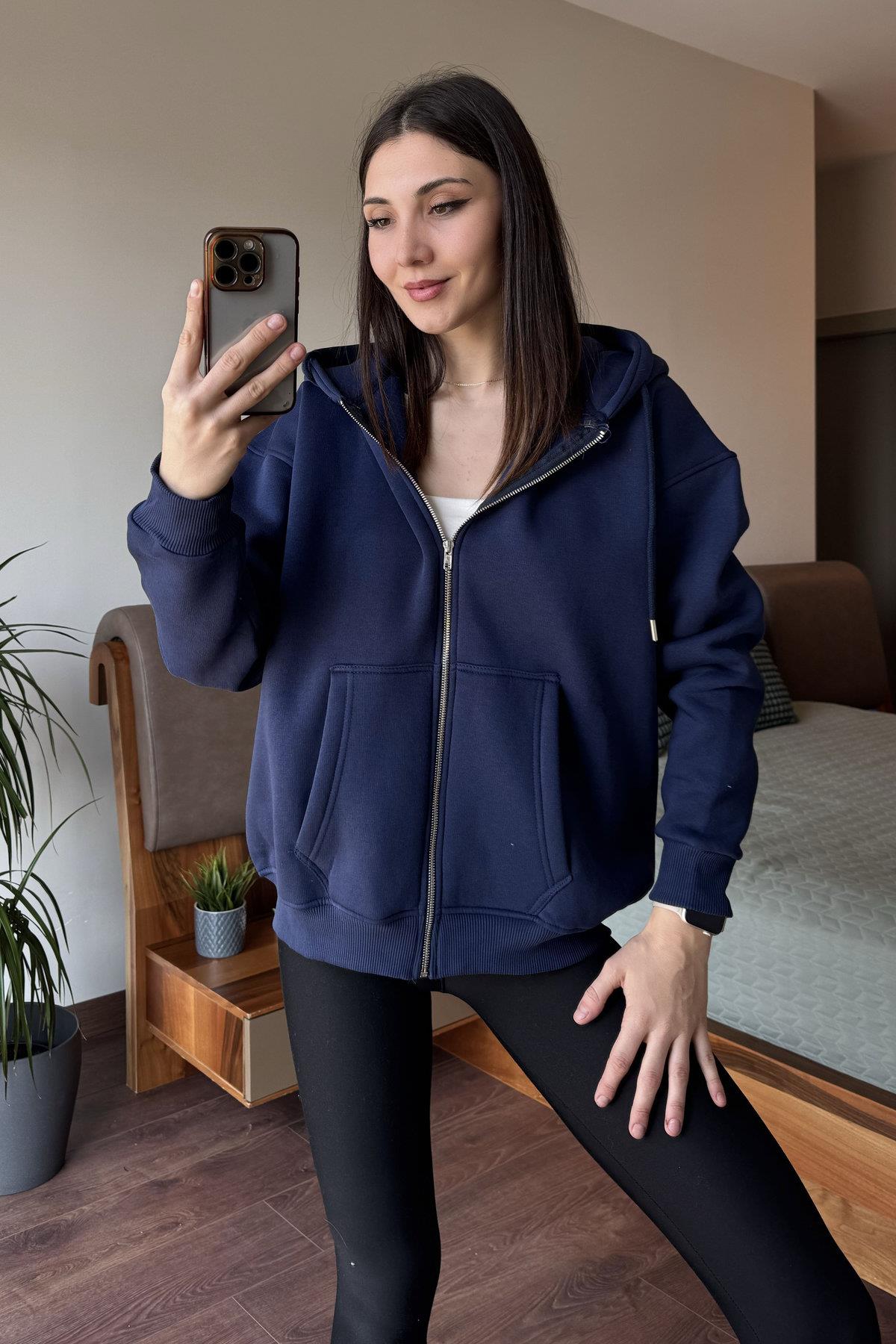 Lacivert Oversize Kapüşonlu Fermuarlı Hoodie