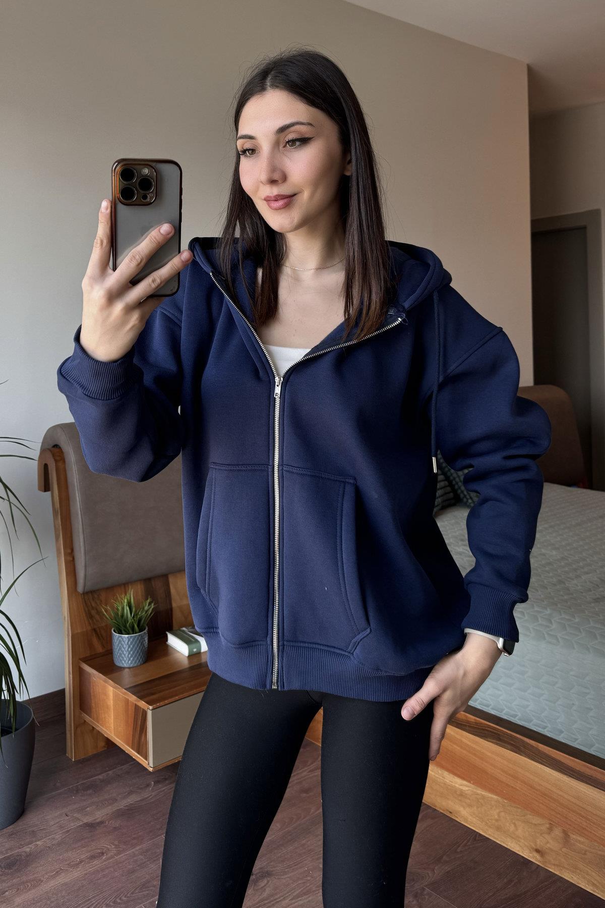 Lacivert Oversize Kapüşonlu Fermuarlı Hoodie