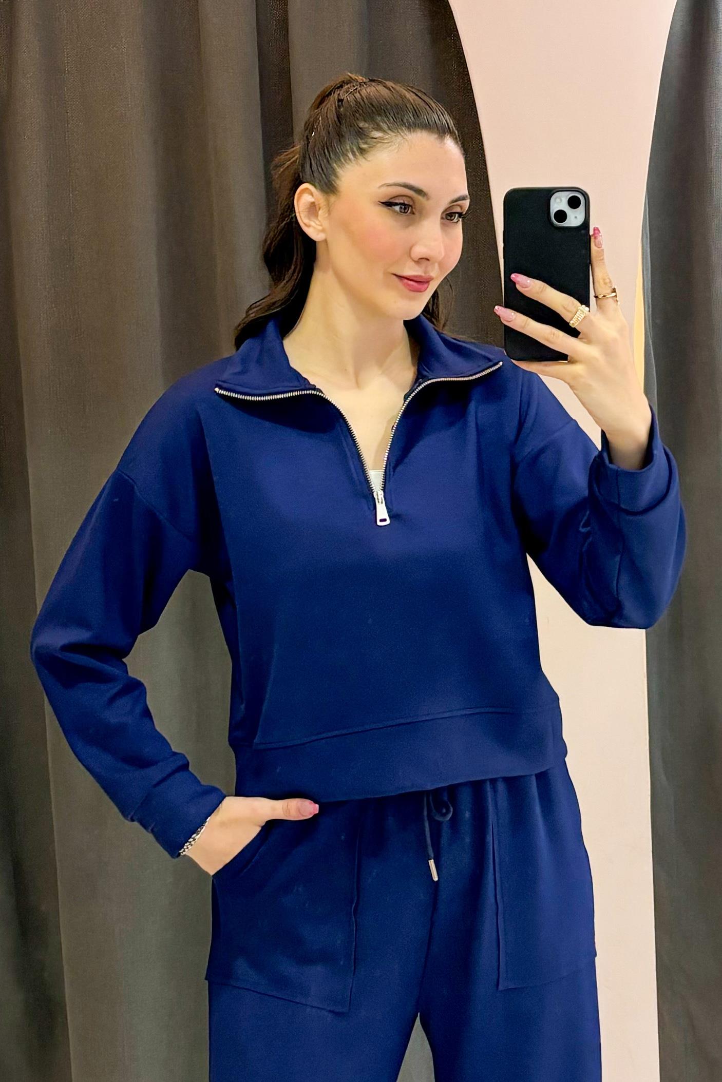 Lacivert OYS Dik Yaka Fermuarlı Modal Sweatshirt