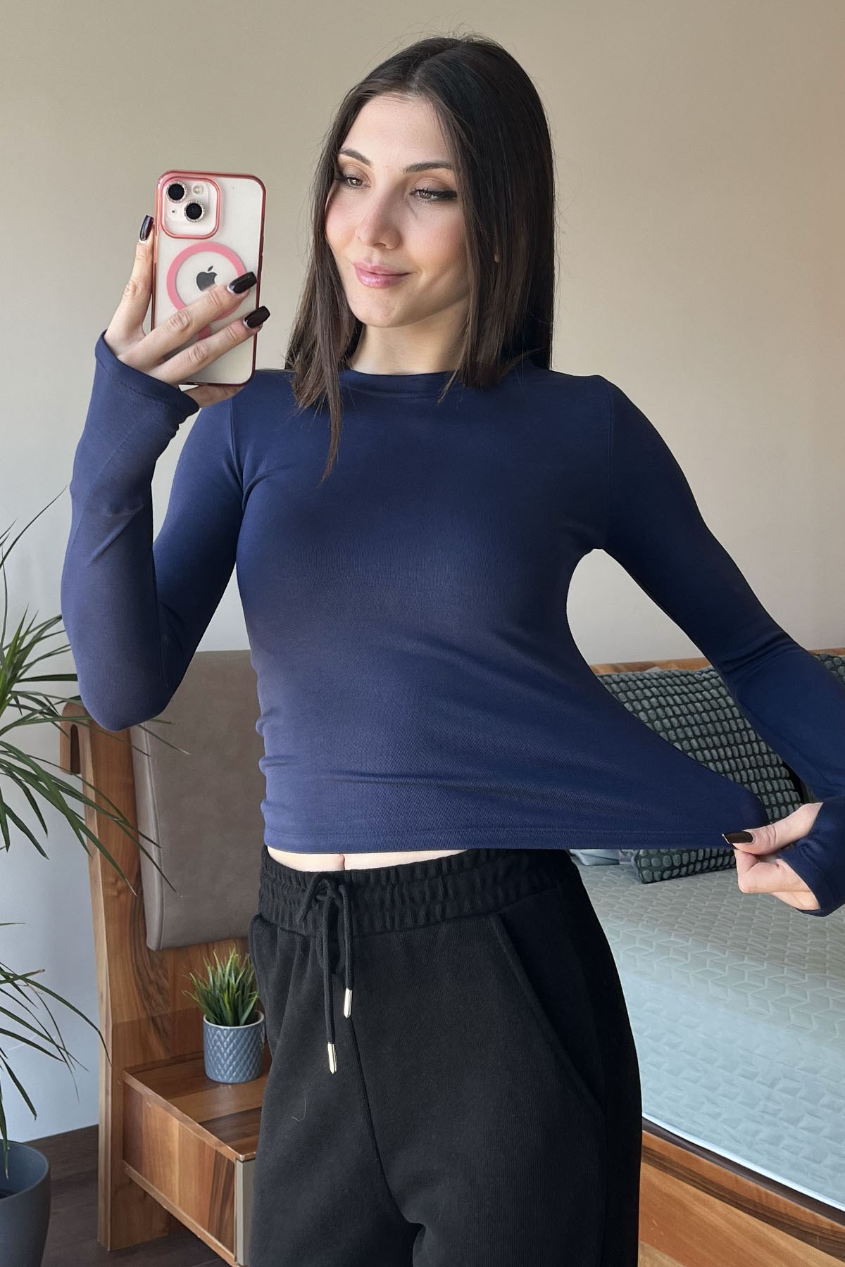 Lacivert OYSH Soft Touch Kumaş Parmak Geçmeli Body