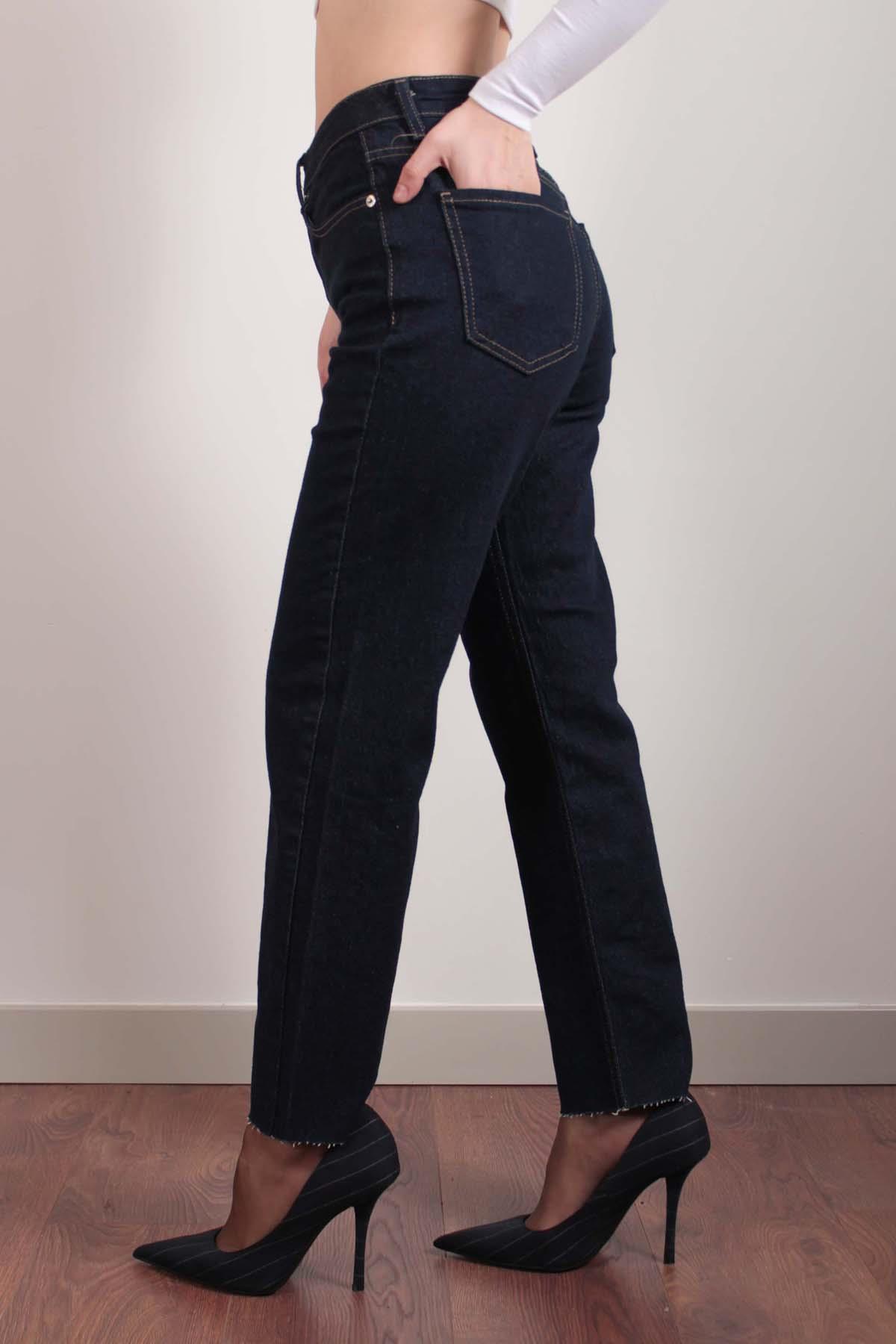 Lacivert Paça Kesik Boyfit Jean