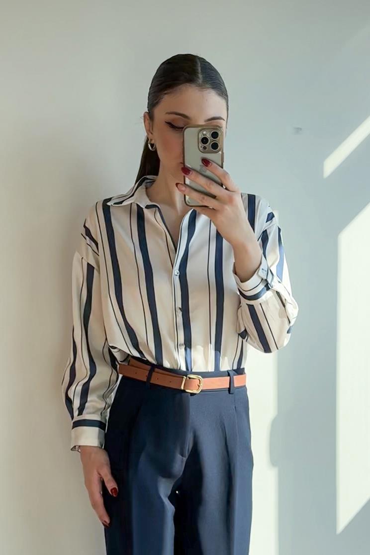 Lacivert Sedef Düğmeli Oversize Çizgili Gömlek