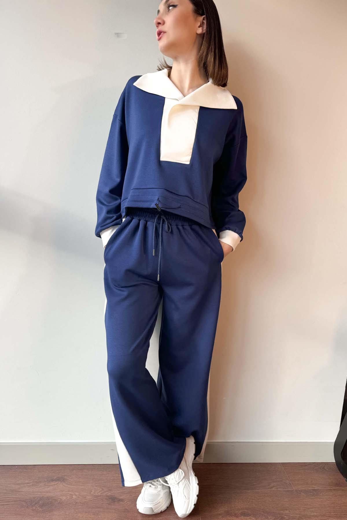 Lacivert Yaka Detaylı Sweatshirt ve Pantolon Modal Takım